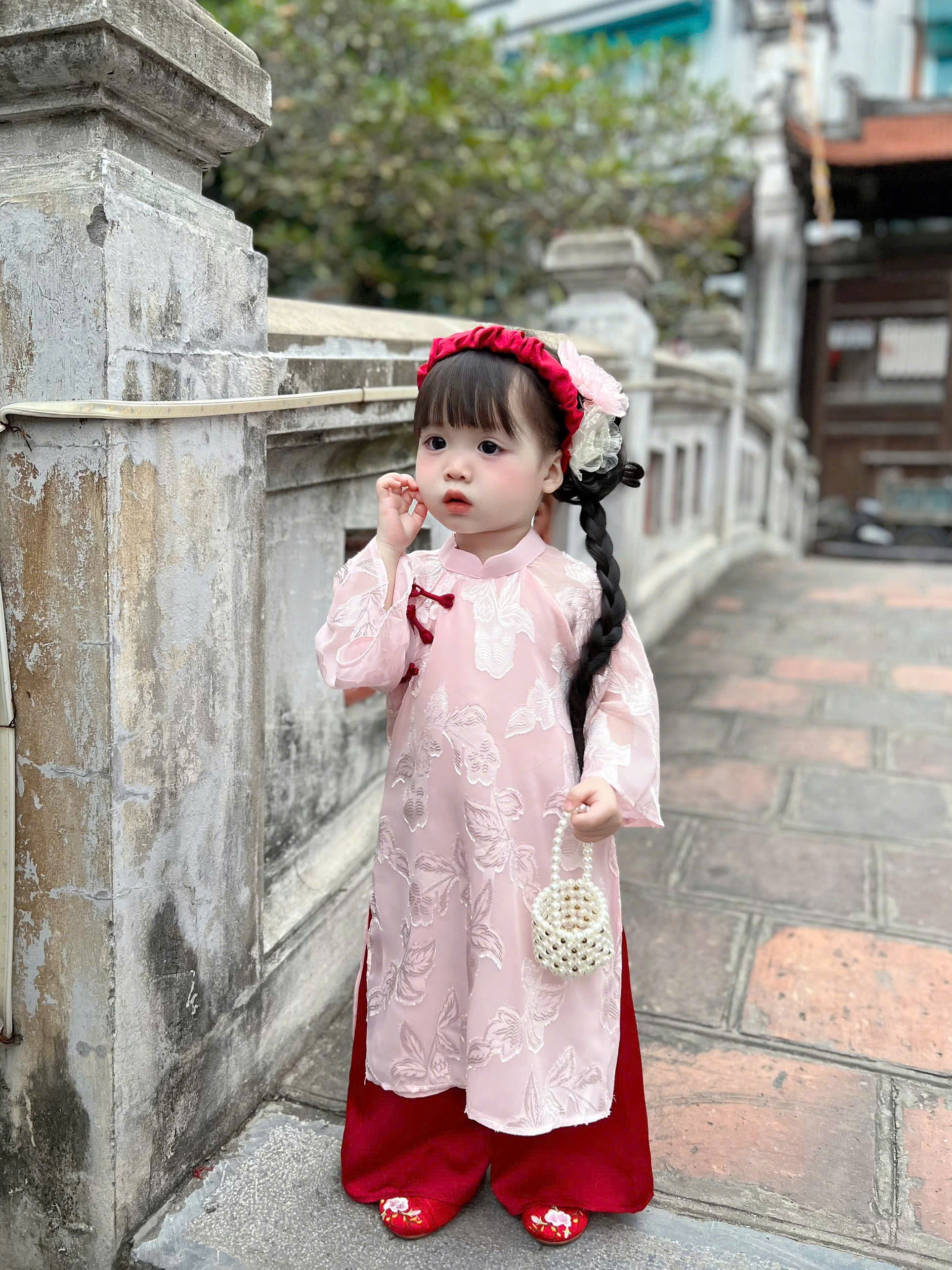 Patched Silk Áo Dài Set – Rosy Grace (6 Months–4 Years) | Traditional Vietnamese Outfit for Girls | Matching Headband Included