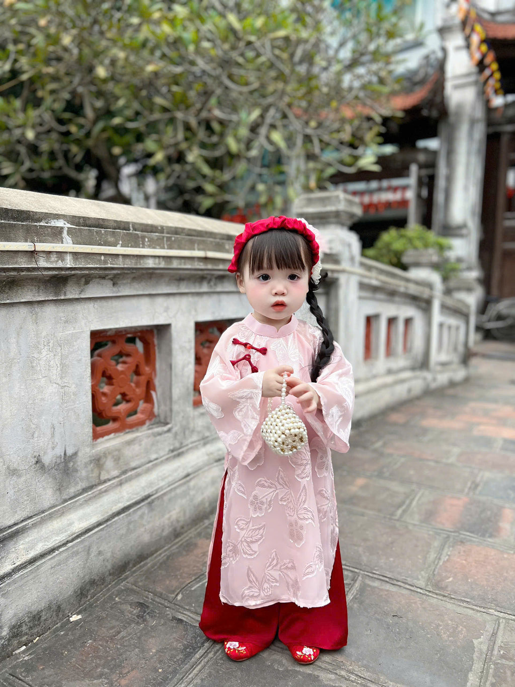 Patched Silk Áo Dài Set – Rosy Grace (6 Months–4 Years) | Traditional Vietnamese Outfit for Girls | Matching Headband Included