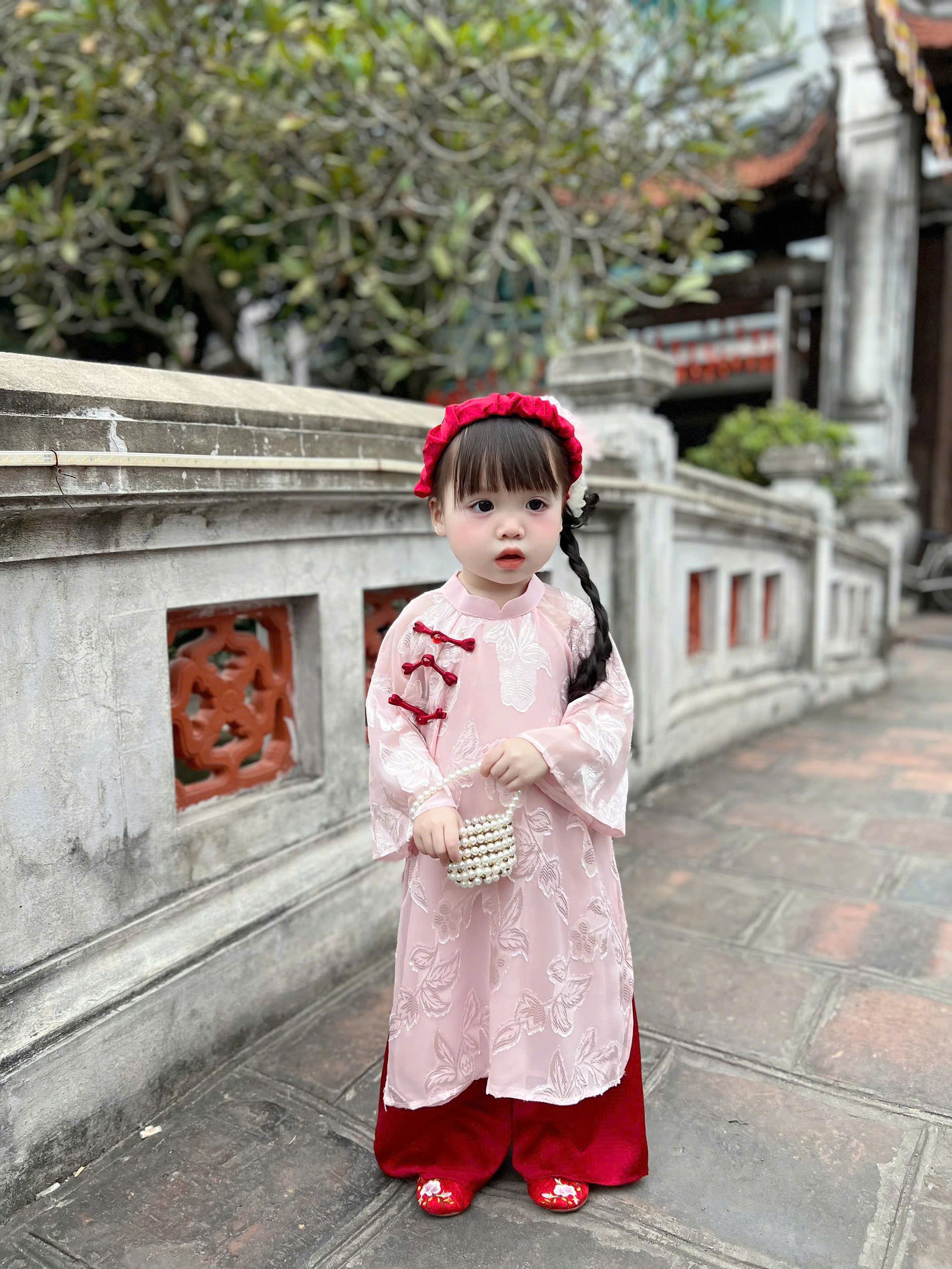 Patched Silk Áo Dài Set – Rosy Grace (6 Months–4 Years) | Traditional Vietnamese Outfit for Girls | Matching Headband Included