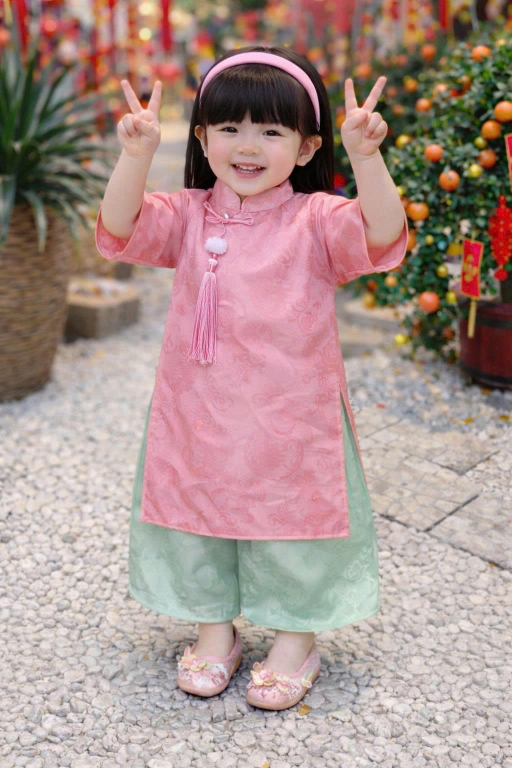 Soft Brocade Áo Dài Set – Lotus Mist (6 Months–4 Years) | Traditional Vietnamese Outfit for Girls | Matching Headband Included