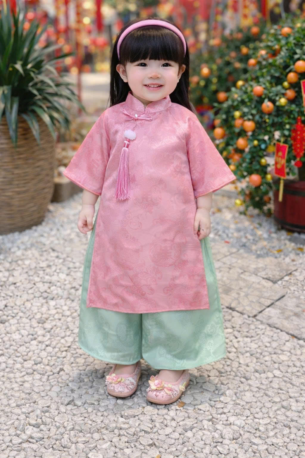 Soft Brocade Áo Dài Set – Lotus Mist (6 Months–4 Years) | Traditional Vietnamese Outfit for Girls | Matching Headband Included