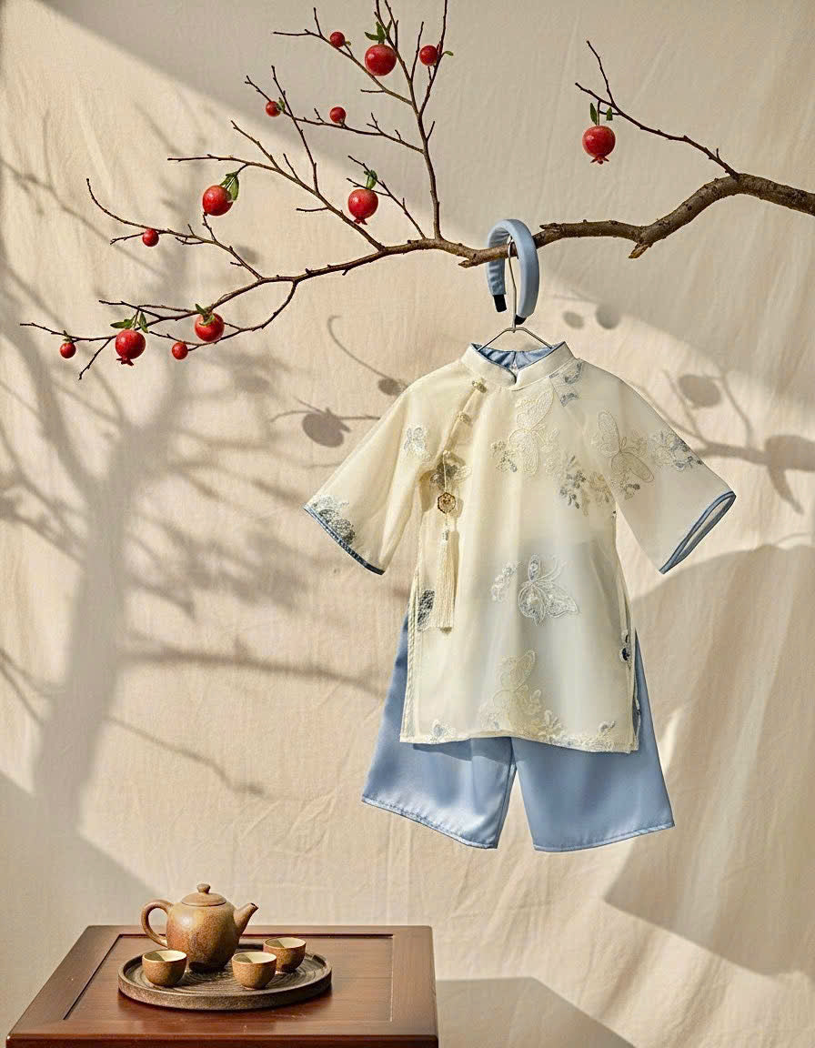 Blue Butterfly Áo Dài (6 Months–4 Years) | Embroidered Butterfly Traditional Vietnamese Outfit for Girls | Matching Headband Included