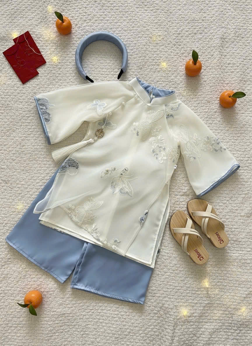 Blue Butterfly Áo Dài (6 Months–4 Years) | Embroidered Butterfly Traditional Vietnamese Outfit for Girls | Matching Headband Included