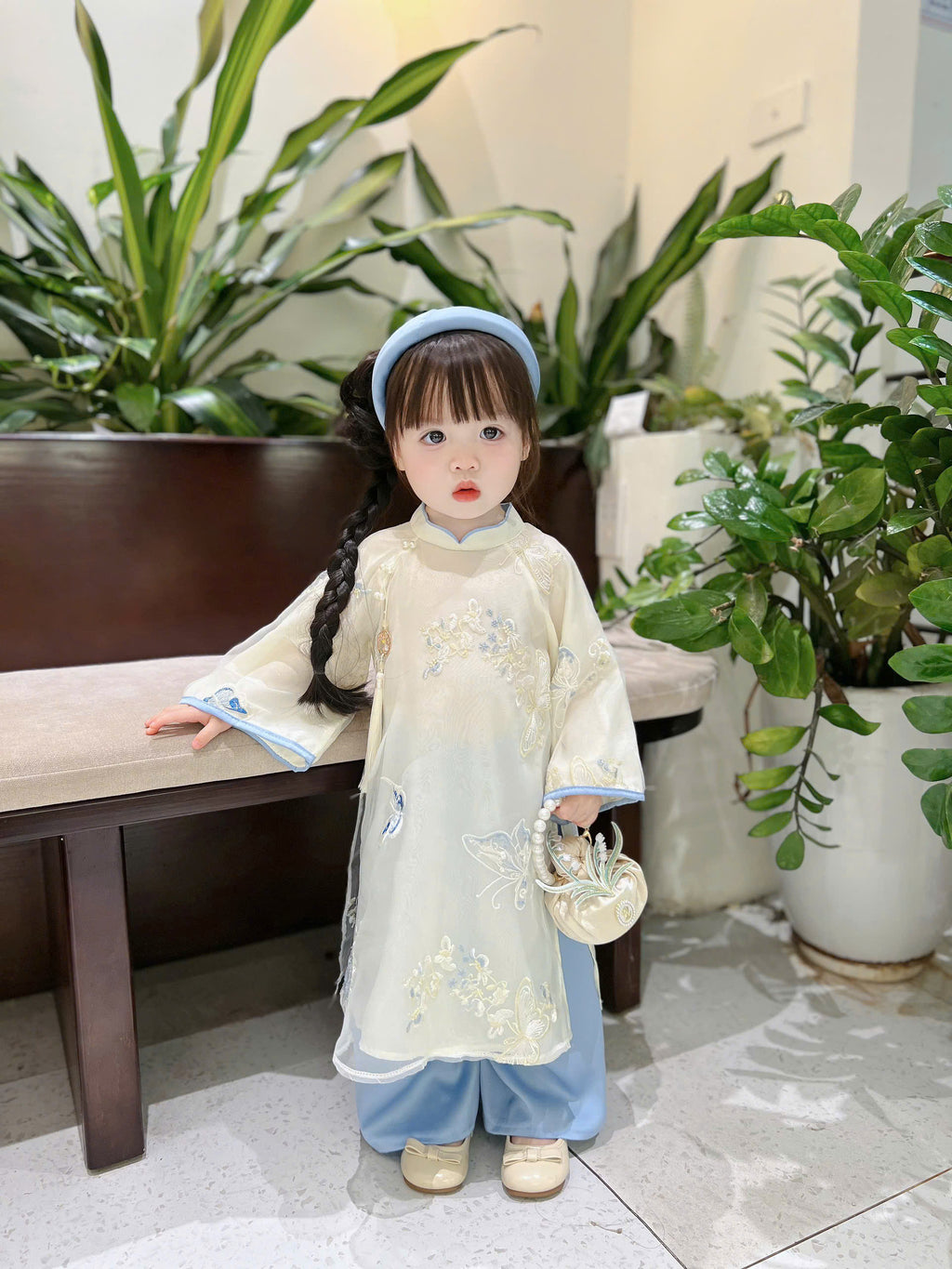 Blue Butterfly Áo Dài (6 Months–4 Years) | Embroidered Butterfly Traditional Vietnamese Outfit for Girls | Matching Headband Included