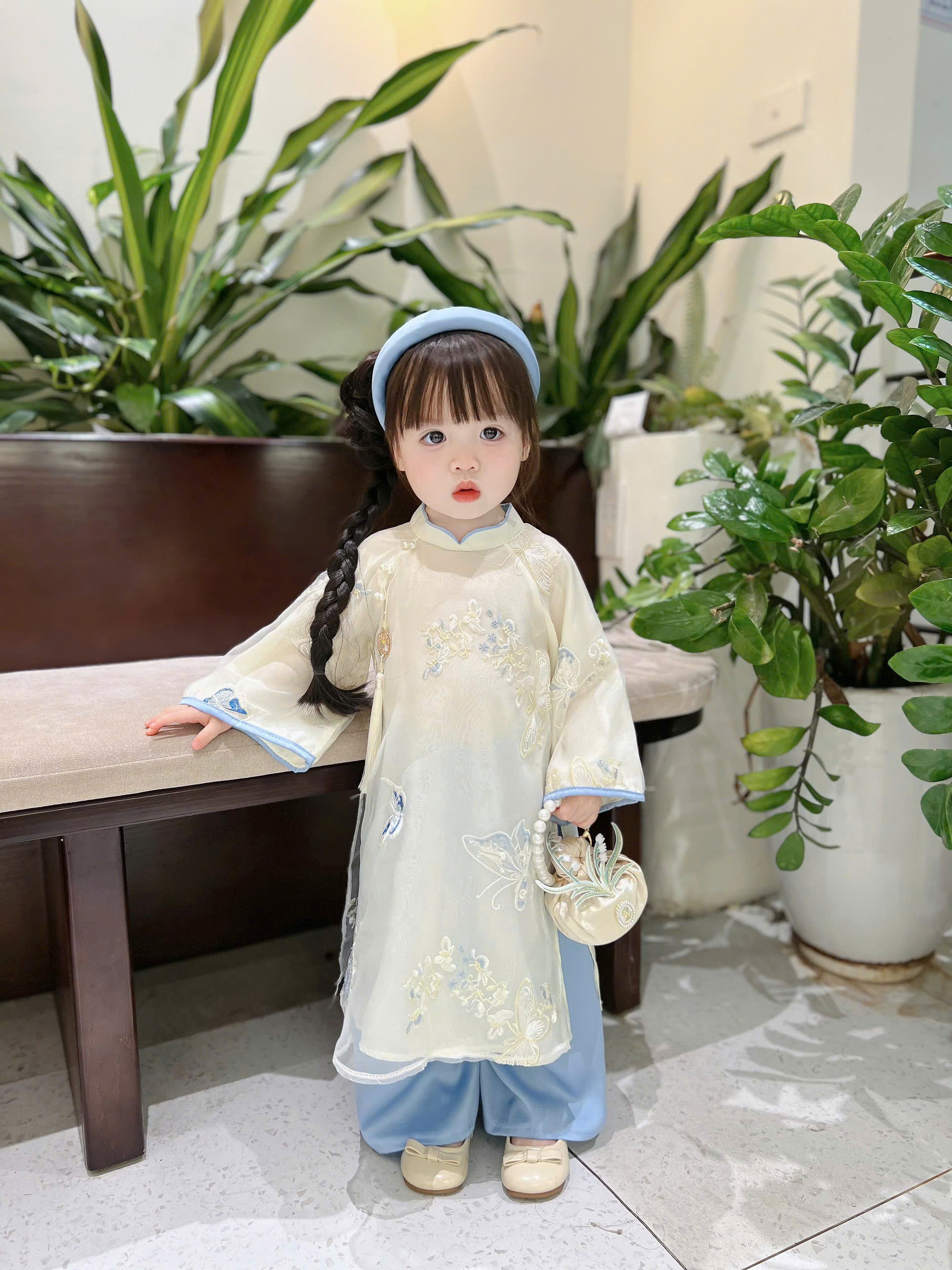 Blue Butterfly Áo Dài (6 Months–4 Years) | Embroidered Butterfly Traditional Vietnamese Outfit for Girls | Matching Headband Included