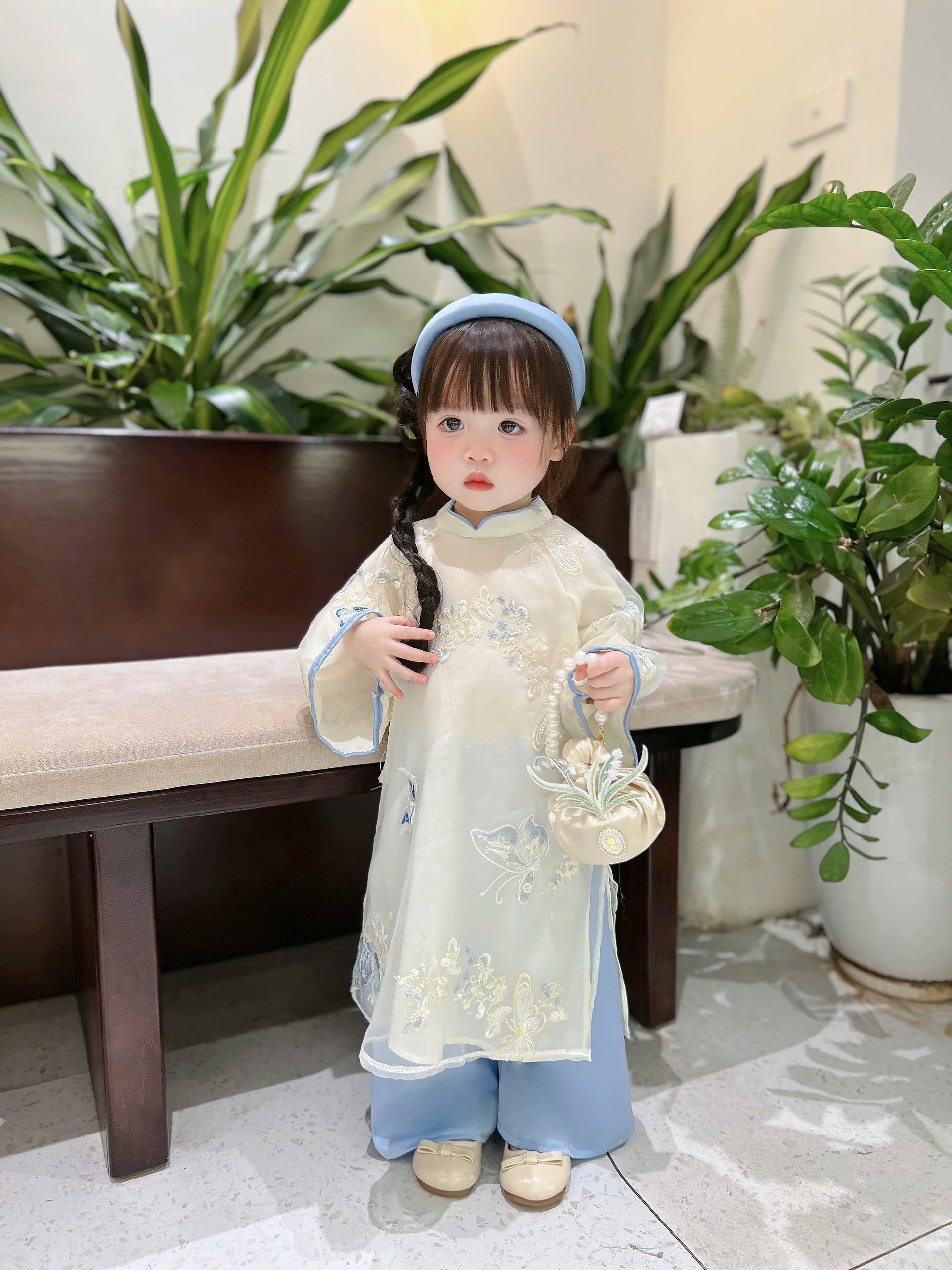 Blue Butterfly Áo Dài (6 Months–4 Years) | Embroidered Butterfly Traditional Vietnamese Outfit for Girls | Matching Headband Included