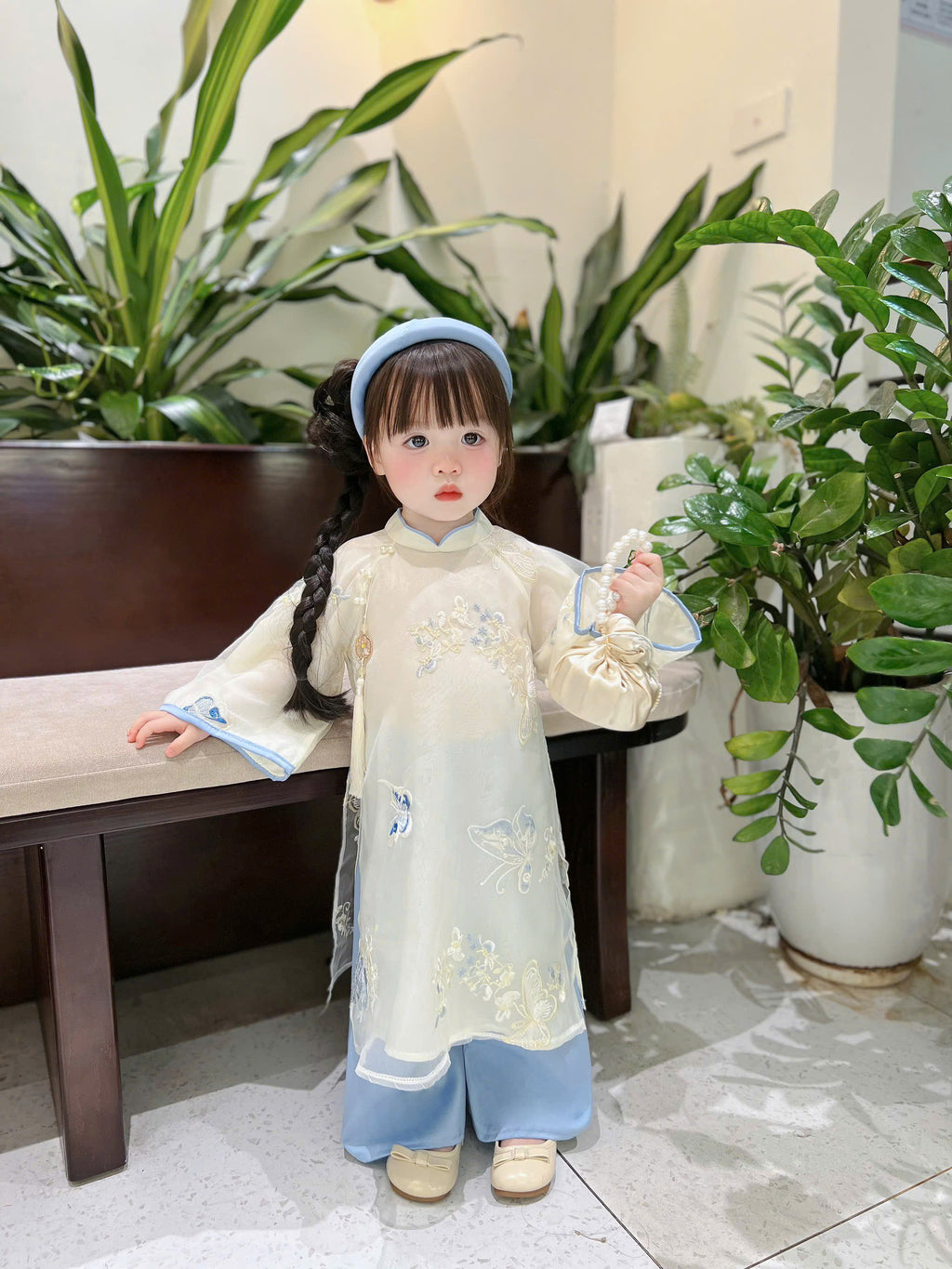 Blue Butterfly Áo Dài (6 Months–4 Years) | Embroidered Butterfly Traditional Vietnamese Outfit for Girls | Matching Headband Included