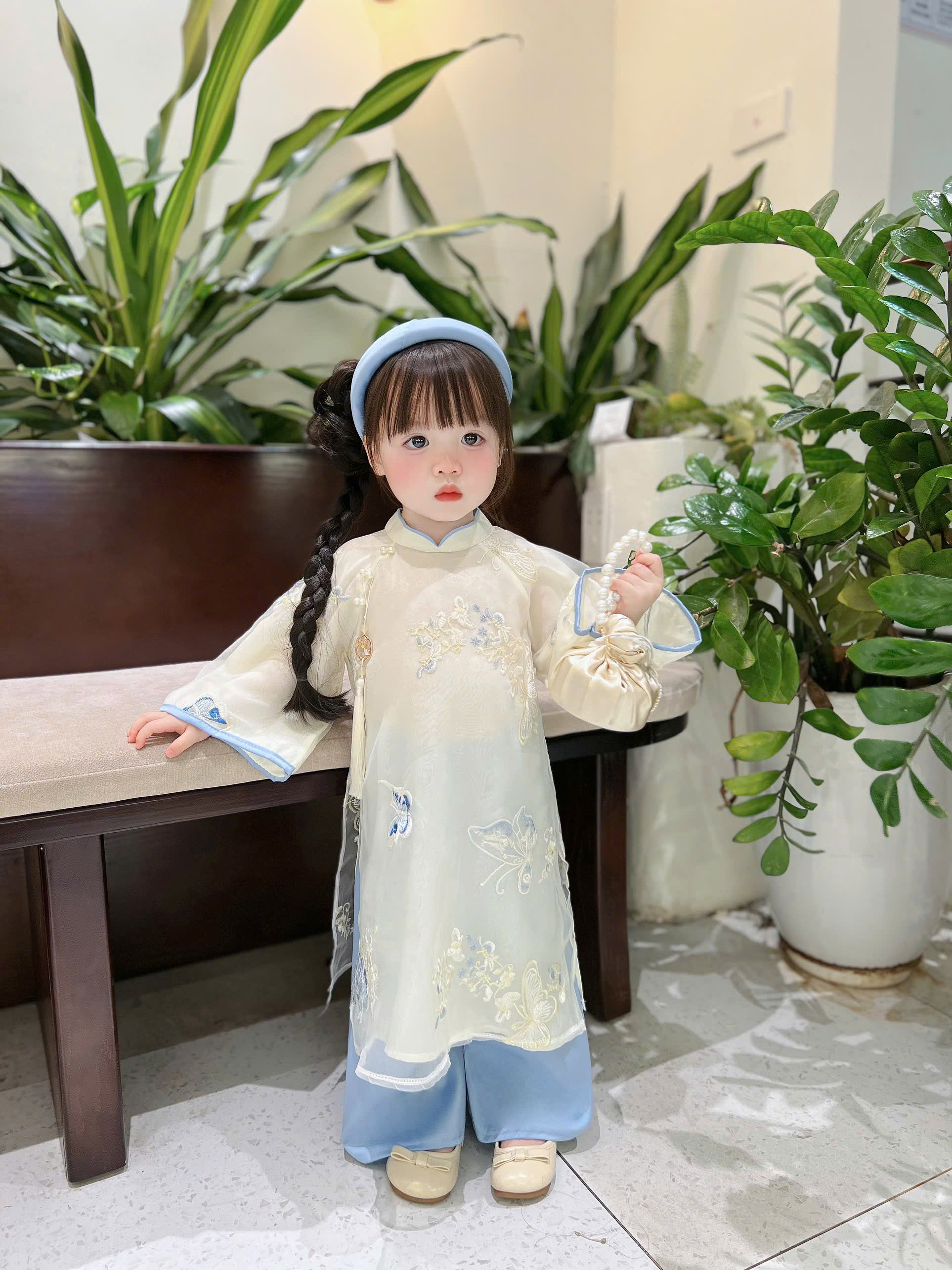 Blue Butterfly Áo Dài (6 Months–4 Years) | Embroidered Butterfly Traditional Vietnamese Outfit for Girls | Matching Headband Included
