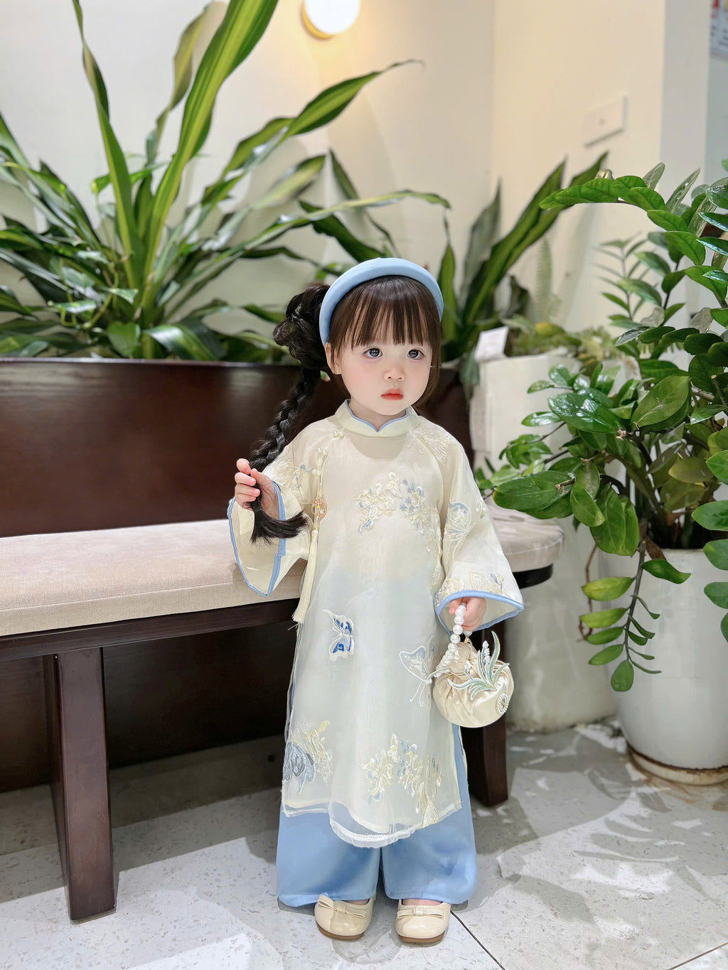 Blue Butterfly Áo Dài (6 Months–4 Years) | Embroidered Butterfly Traditional Vietnamese Outfit for Girls | Matching Headband Included