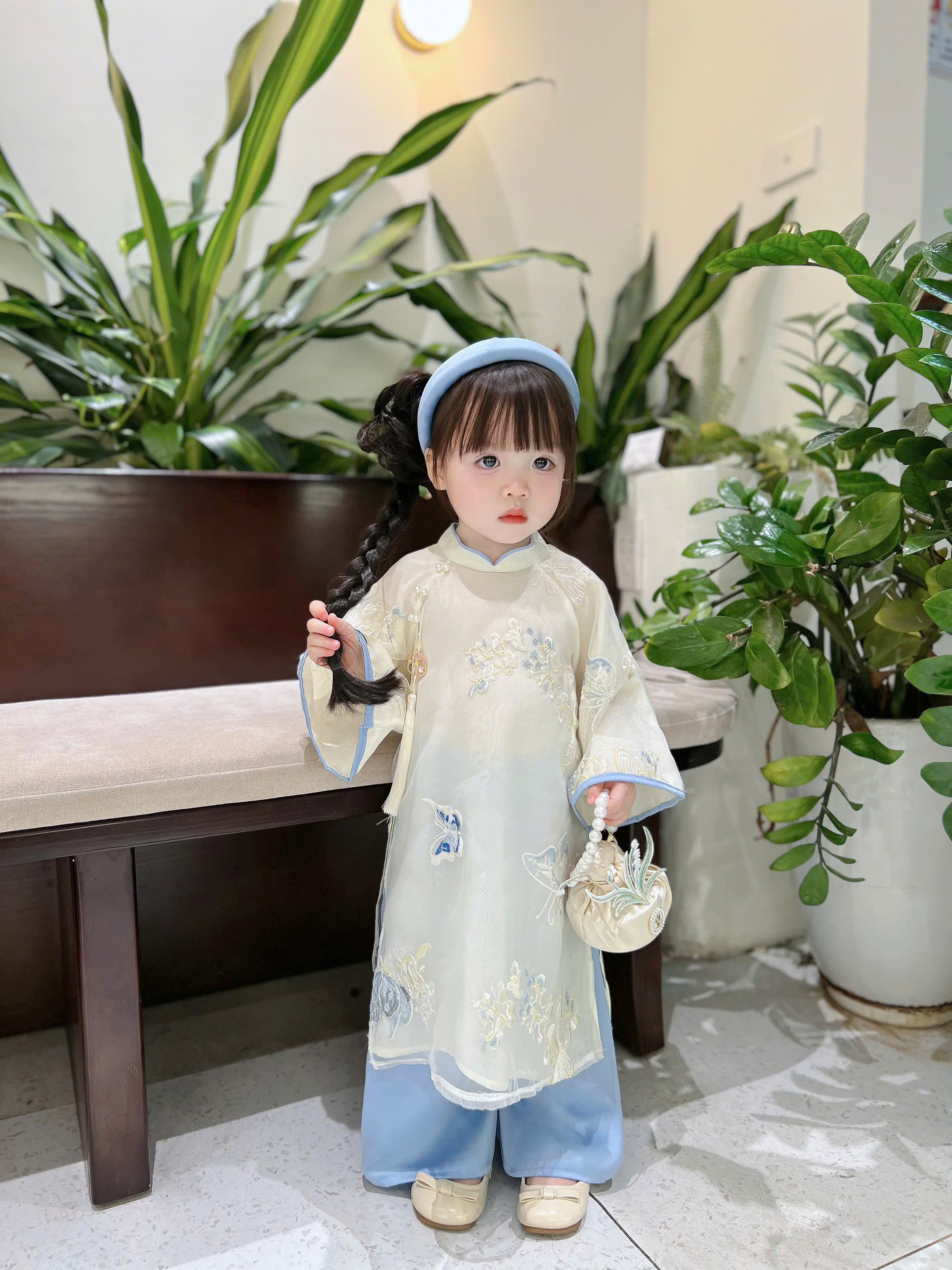 Blue Butterfly Áo Dài (6 Months–4 Years) | Embroidered Butterfly Traditional Vietnamese Outfit for Girls | Matching Headband Included