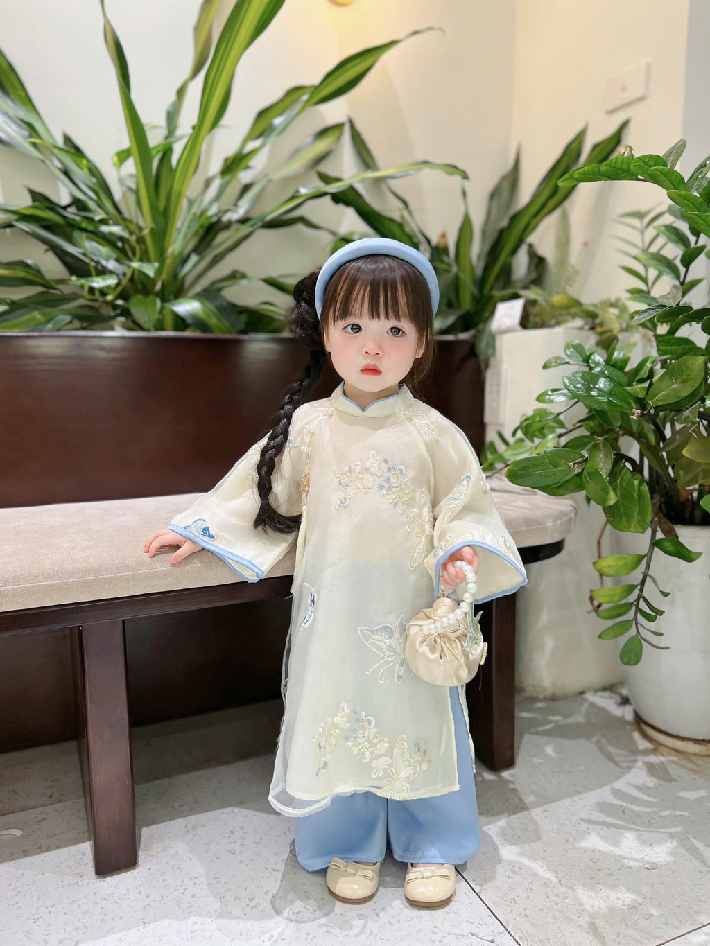 Blue Butterfly Áo Dài (6 Months–4 Years) | Embroidered Butterfly Traditional Vietnamese Outfit for Girls | Matching Headband Included