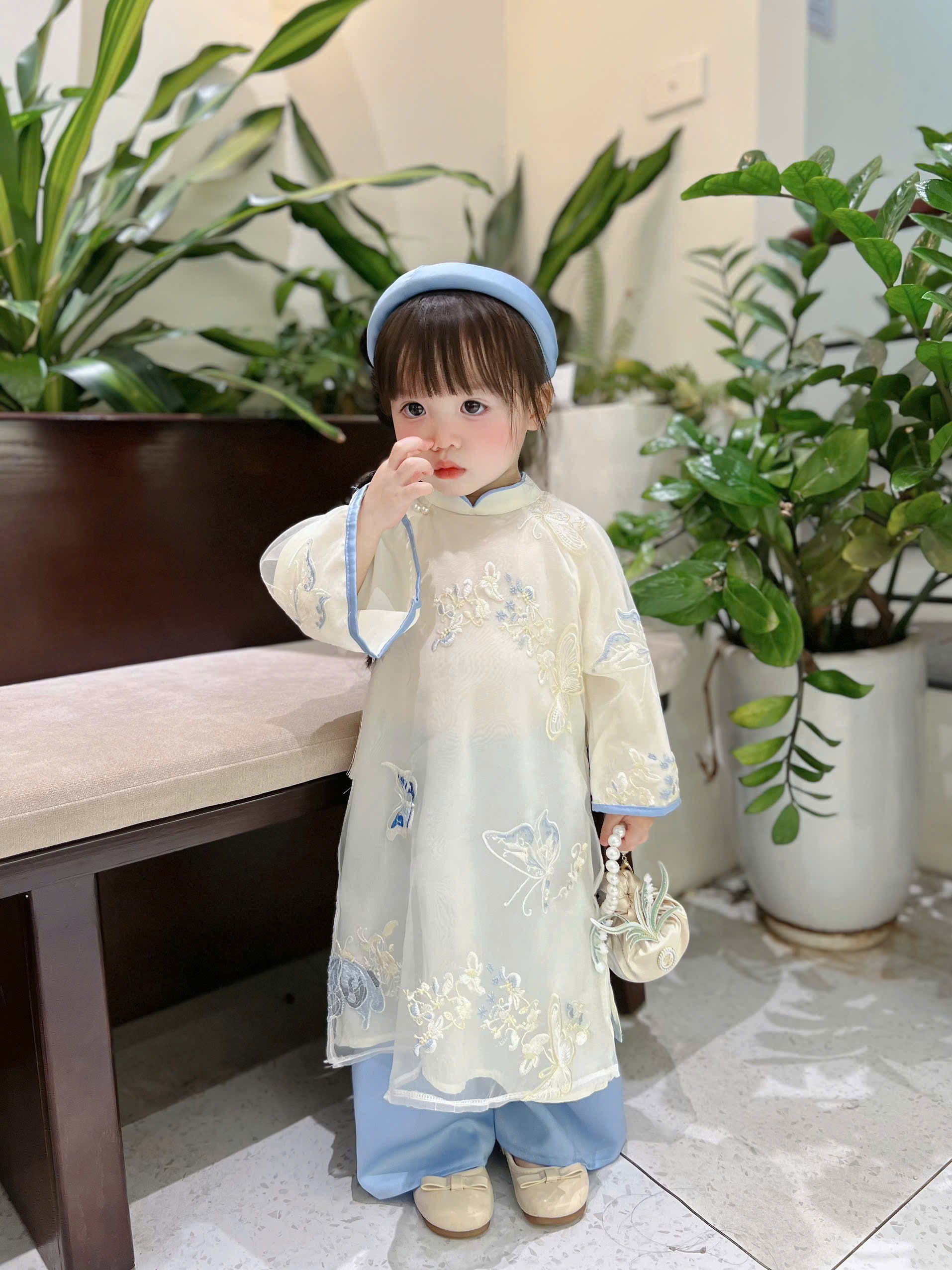 Blue Butterfly Áo Dài (6 Months–4 Years) | Embroidered Butterfly Traditional Vietnamese Outfit for Girls | Matching Headband Included