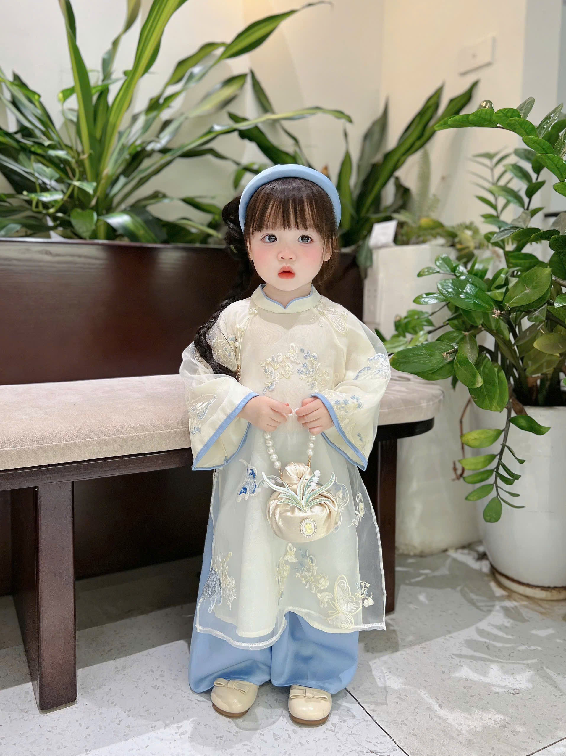 Blue Butterfly Áo Dài (6 Months–4 Years) | Embroidered Butterfly Traditional Vietnamese Outfit for Girls | Matching Headband Included