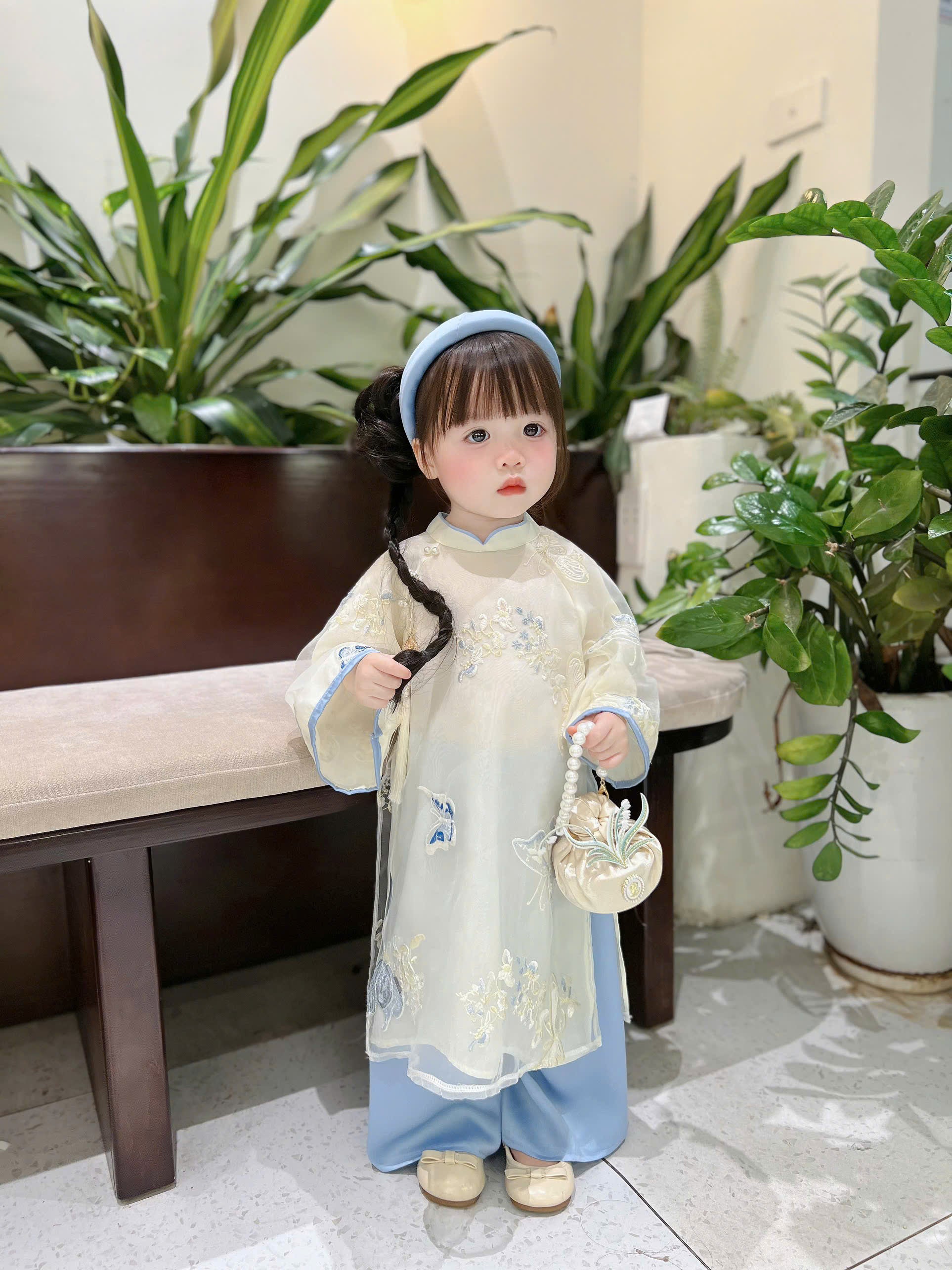 Blue Butterfly Áo Dài (6 Months–4 Years) | Embroidered Butterfly Traditional Vietnamese Outfit for Girls | Matching Headband Included