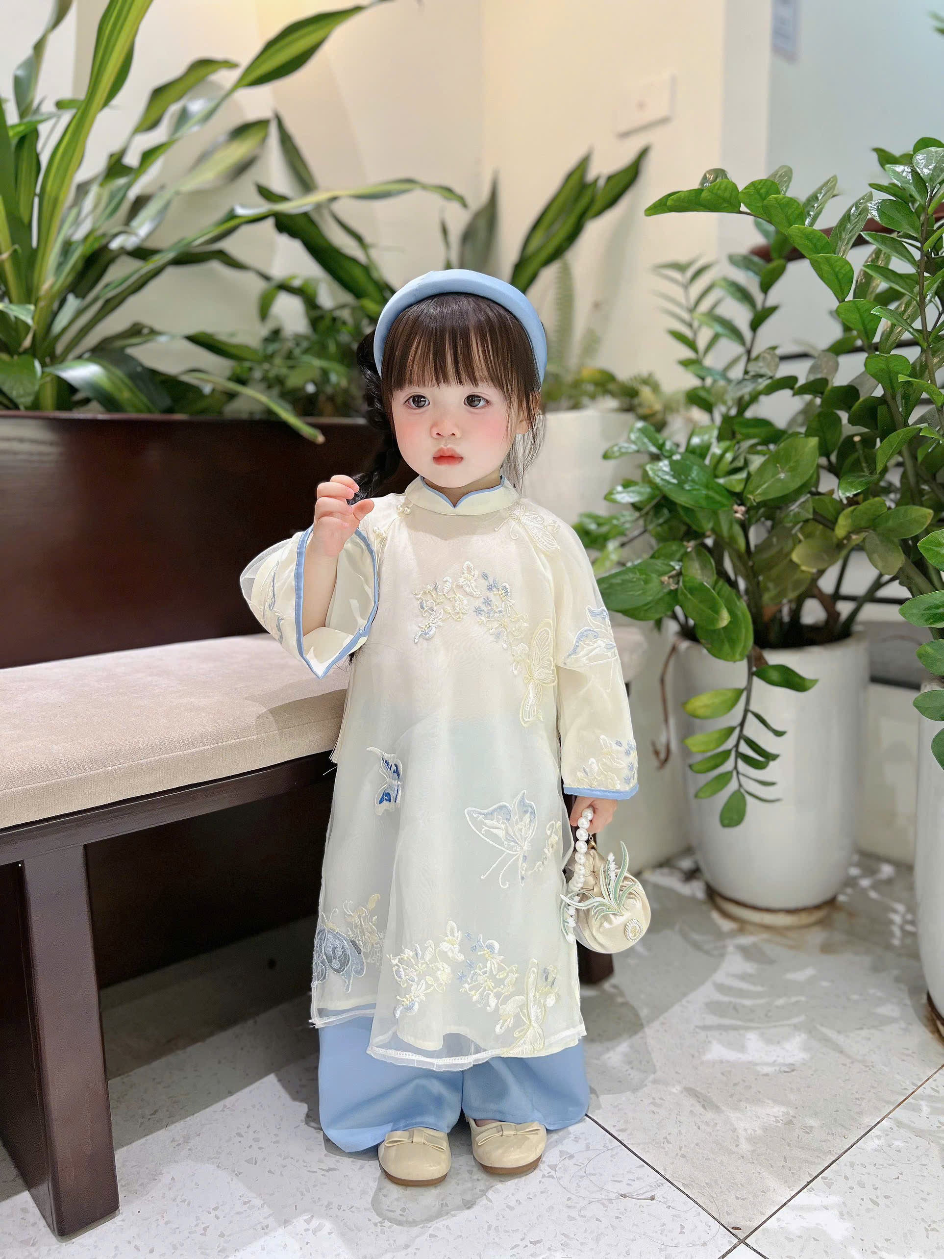 Blue Butterfly Áo Dài (6 Months–4 Years) | Embroidered Butterfly Traditional Vietnamese Outfit for Girls | Matching Headband Included