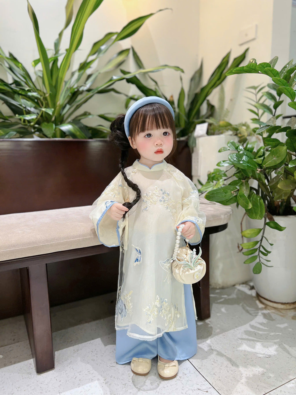 Blue Butterfly Áo Dài (6 Months–4 Years) | Embroidered Butterfly Traditional Vietnamese Outfit for Girls | Matching Headband Included