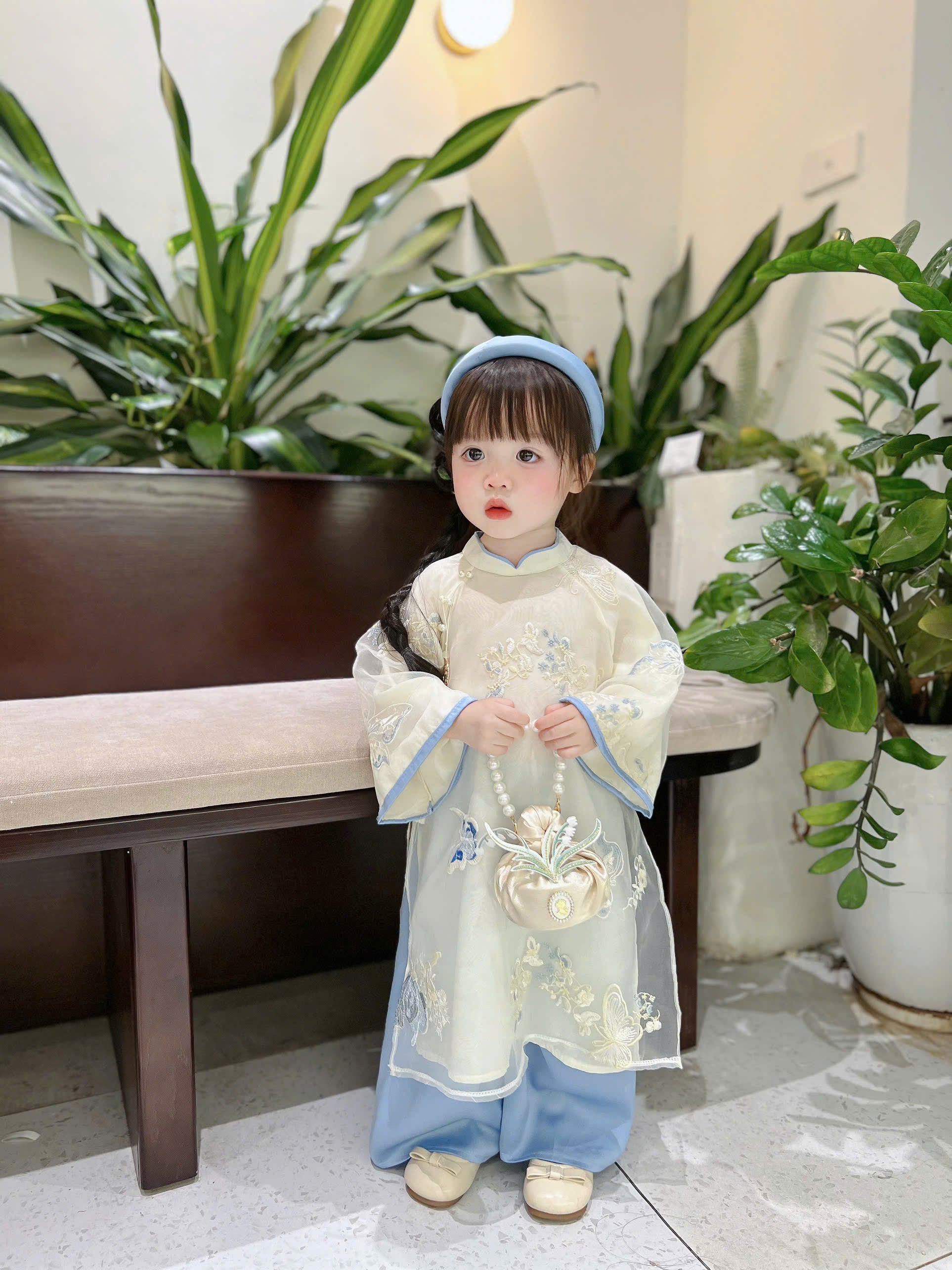 Blue Butterfly Áo Dài (6 Months–4 Years) | Embroidered Butterfly Traditional Vietnamese Outfit for Girls | Matching Headband Included