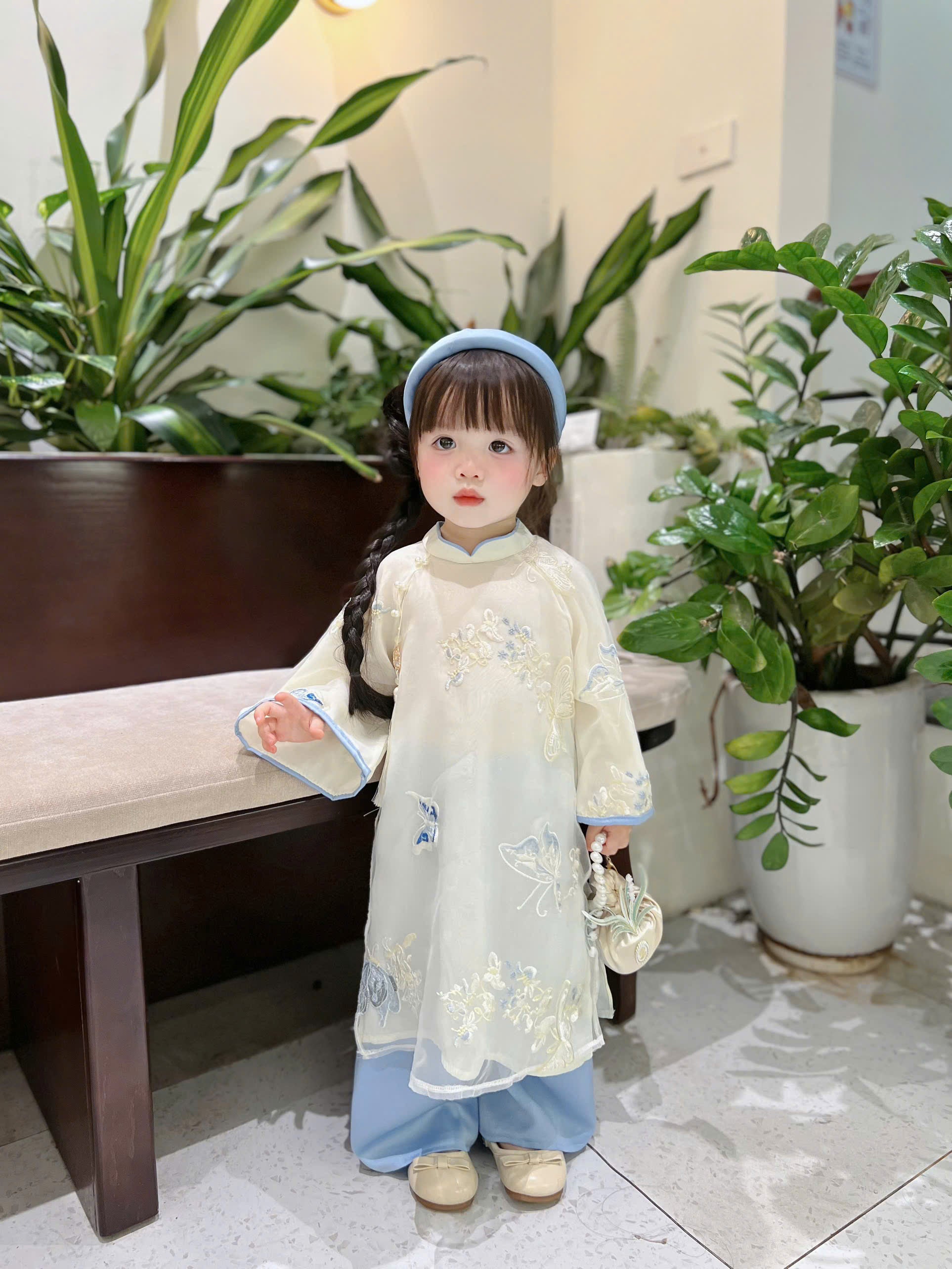 Blue Butterfly Áo Dài (6 Months–4 Years) | Embroidered Butterfly Traditional Vietnamese Outfit for Girls | Matching Headband Included