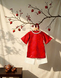 Classic Red Silk Áo Dài – Crimson Shimmer (6 Months–4 Years) | Traditional Vietnamese Outfit for Girls | Matching Headband Included