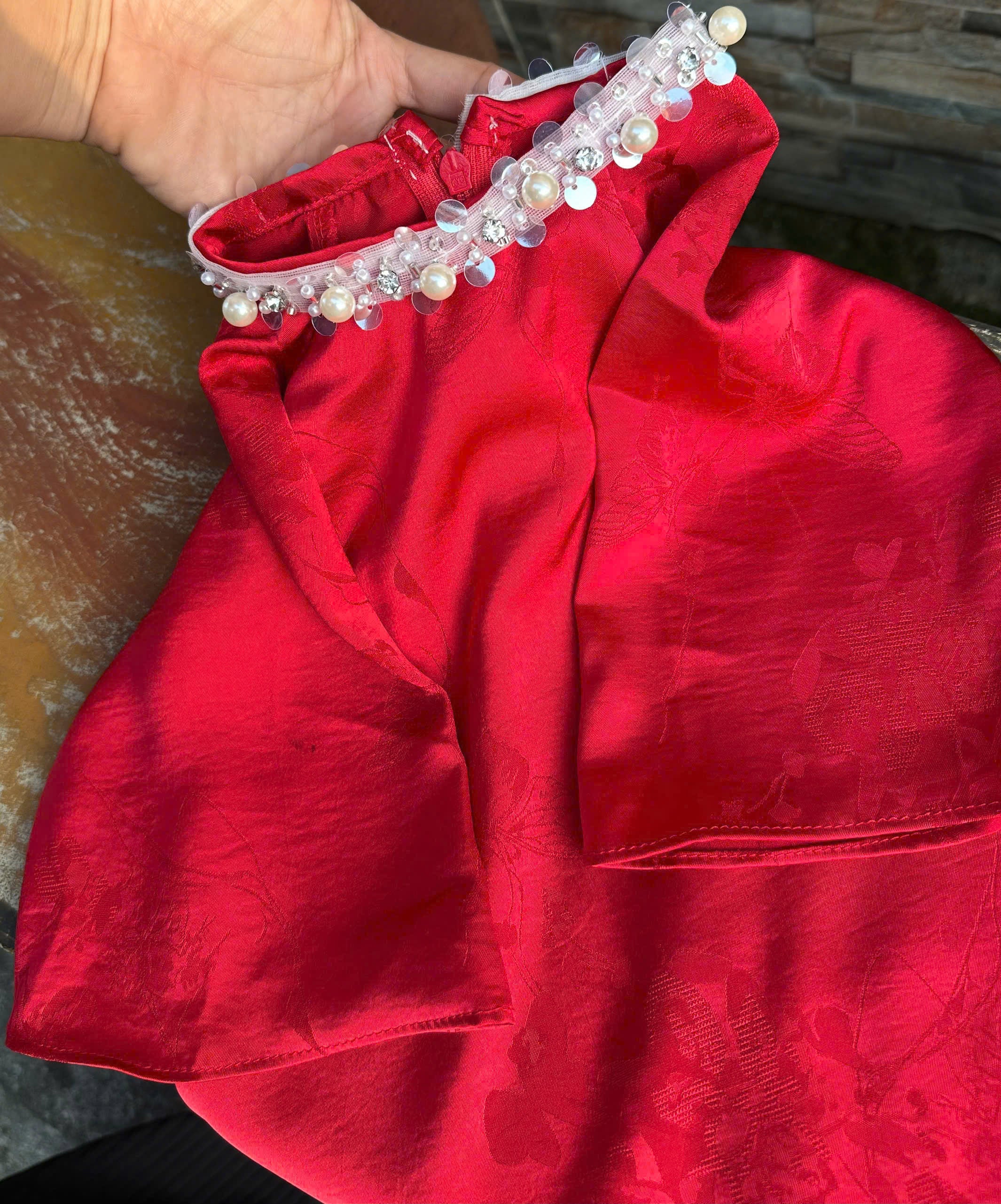 Classic Red Silk Áo Dài – Crimson Shimmer (6 Months–4 Years) | Traditional Vietnamese Outfit for Girls | Matching Headband Included