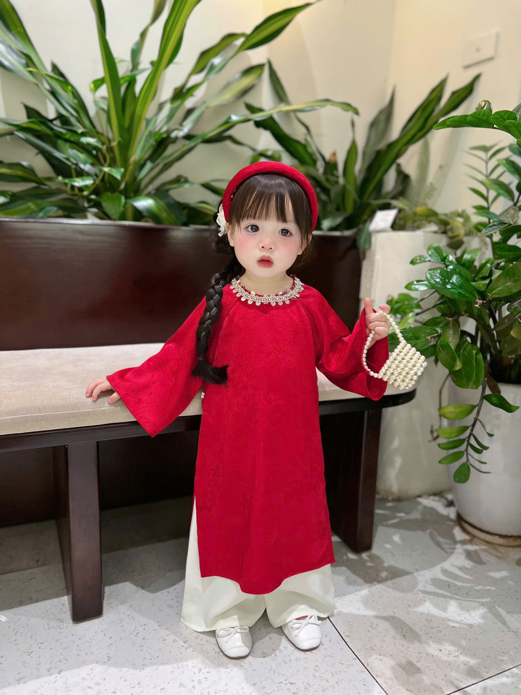 Classic Red Silk Áo Dài – Crimson Shimmer (6 Months–4 Years) | Traditional Vietnamese Outfit for Girls | Matching Headband Included