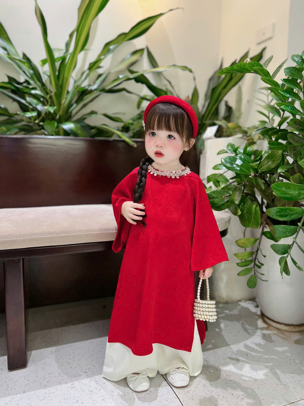 Classic Red Silk Áo Dài – Crimson Shimmer (6 Months–4 Years) | Traditional Vietnamese Outfit for Girls | Matching Headband Included