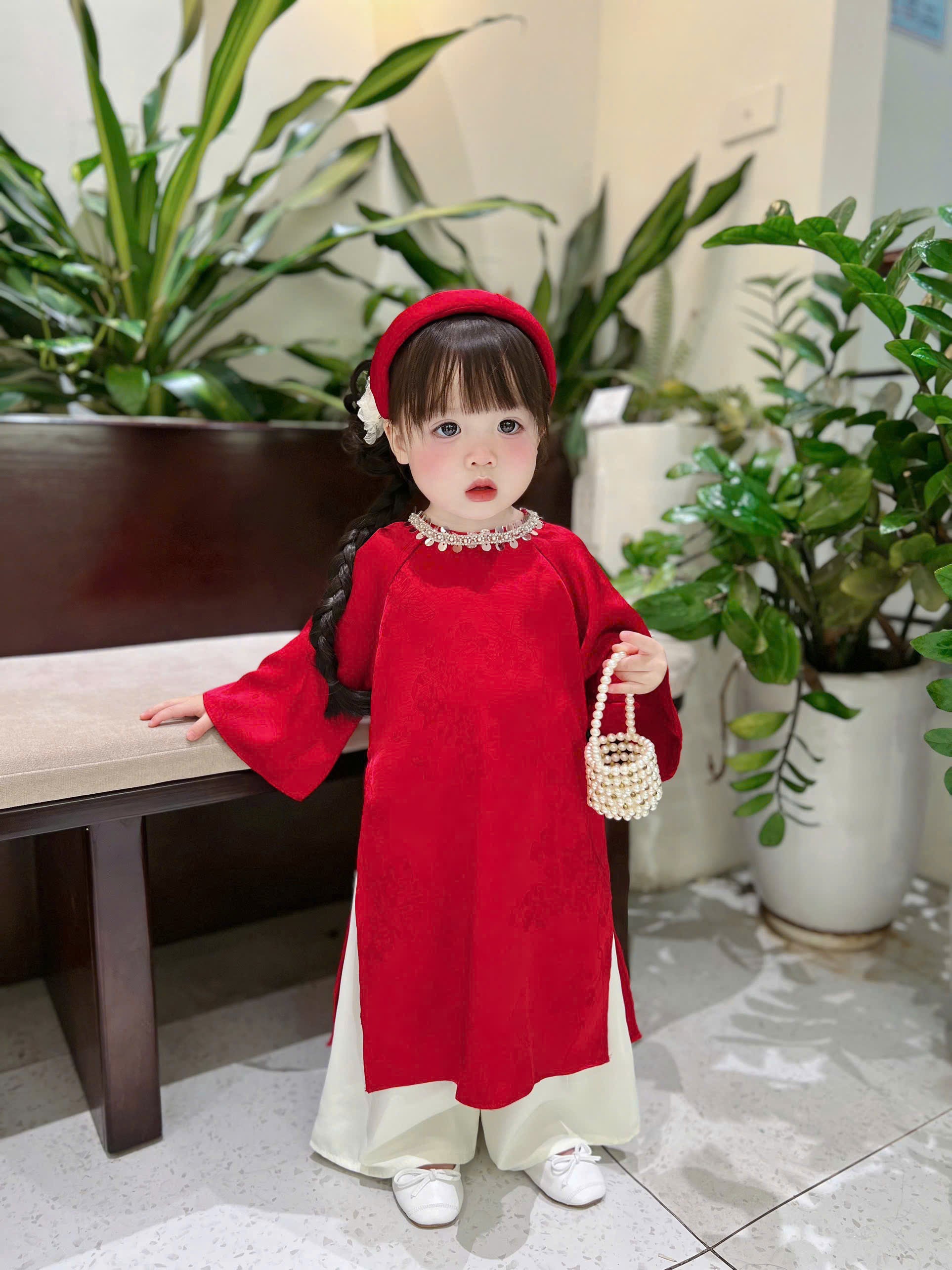Classic Red Silk Áo Dài – Crimson Shimmer (6 Months–4 Years) | Traditional Vietnamese Outfit for Girls | Matching Headband Included