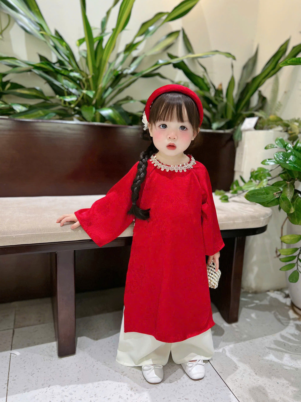 Classic Red Silk Áo Dài – Crimson Shimmer (6 Months–4 Years) | Traditional Vietnamese Outfit for Girls | Matching Headband Included