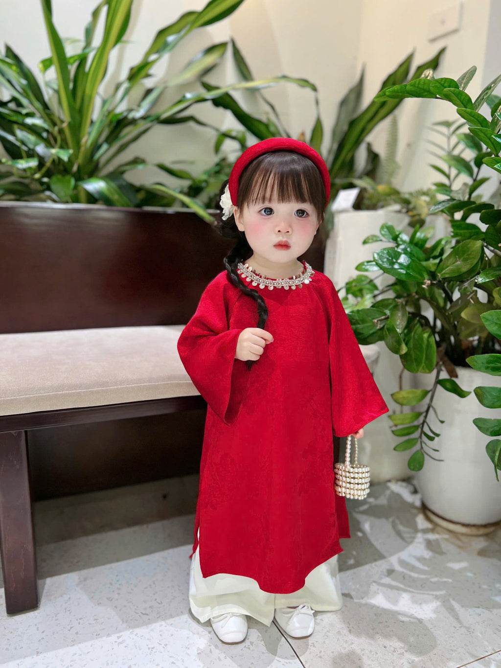 Classic Red Silk Áo Dài – Crimson Shimmer (6 Months–4 Years) | Traditional Vietnamese Outfit for Girls | Matching Headband Included