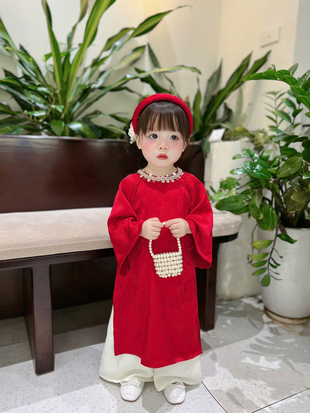 Classic Red Silk Áo Dài – Crimson Shimmer (6 Months–4 Years) | Traditional Vietnamese Outfit for Girls | Matching Headband Included