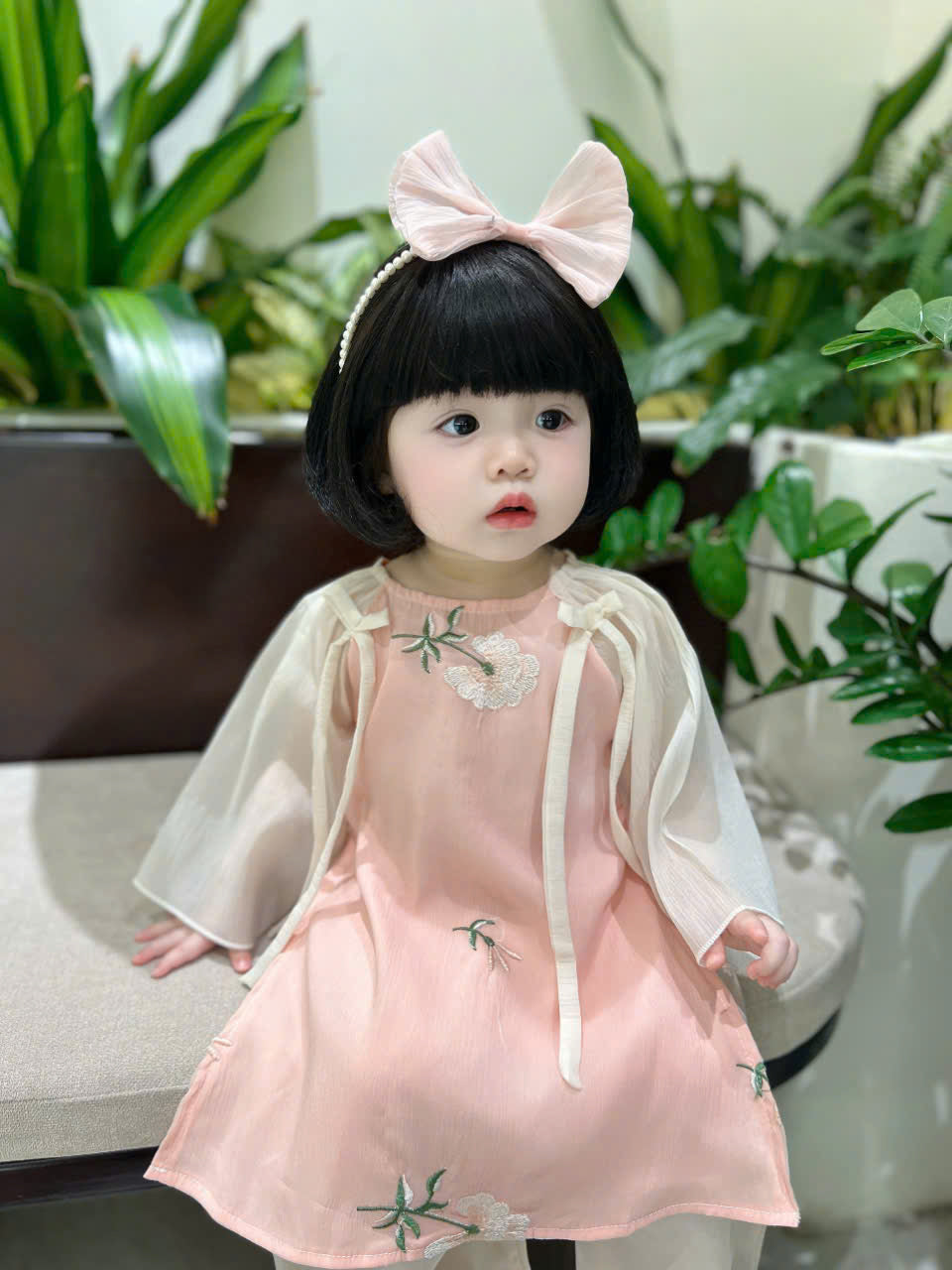 Sweet Peach Áo Dài (3Months-2Years) | Traditional Vietnamese Outfit for Girls | Floral Embroidery