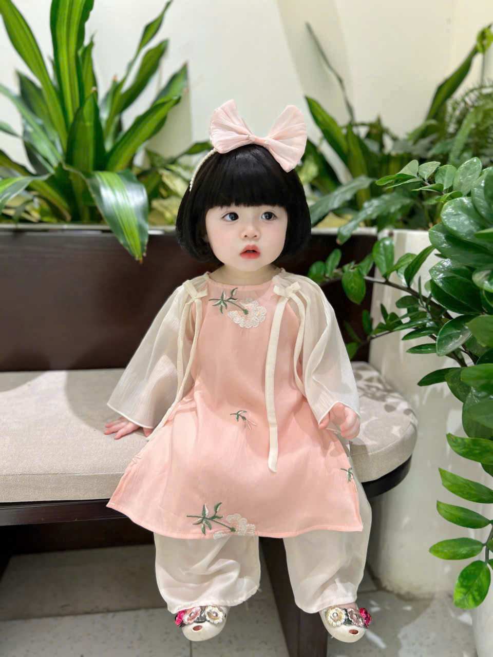 Sweet Peach Áo Dài (3Months-2Years) | Traditional Vietnamese Outfit for Girls | Floral Embroidery