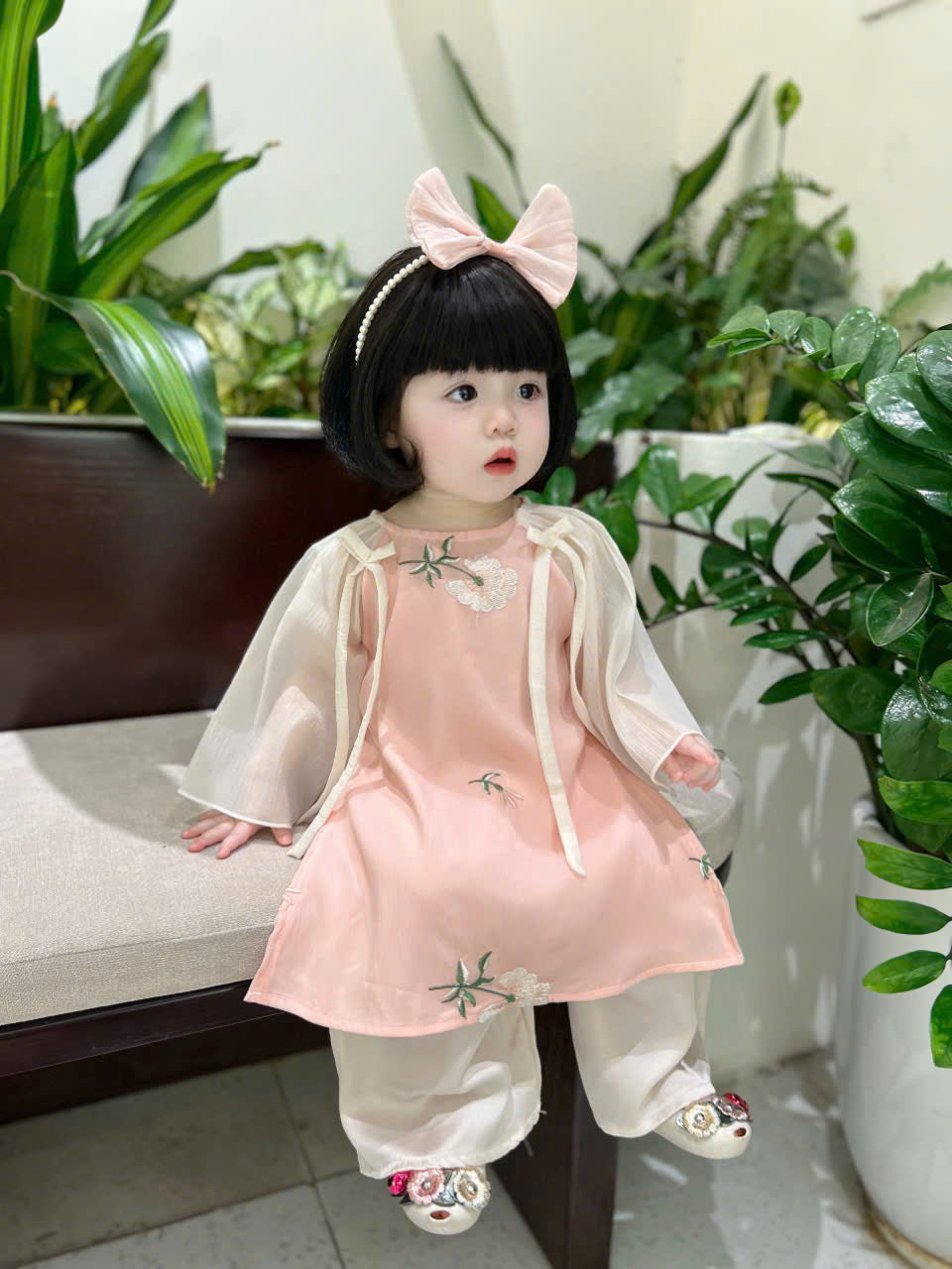 Sweet Peach Áo Dài (3Months-2Years) | Traditional Vietnamese Outfit for Girls | Floral Embroidery