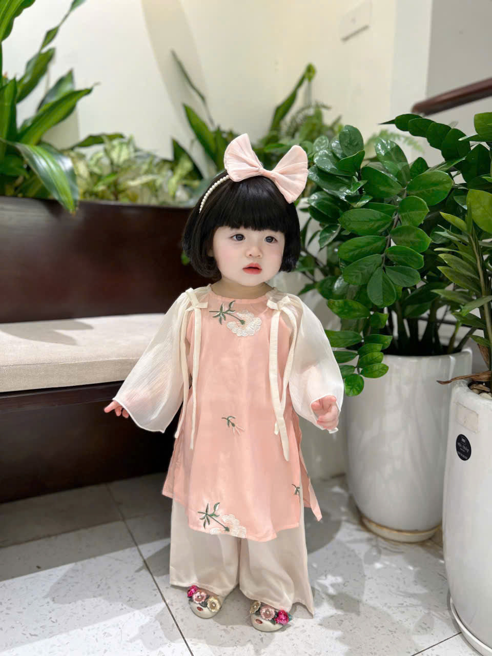 Sweet Peach Áo Dài (3Months-2Years) | Traditional Vietnamese Outfit for Girls | Floral Embroidery