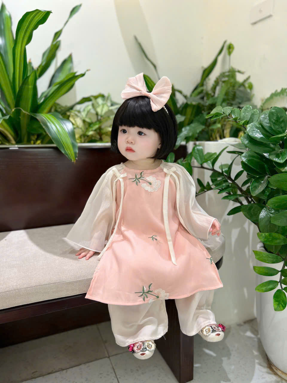 Sweet Peach Áo Dài (3Months-2Years) | Traditional Vietnamese Outfit for Girls | Floral Embroidery