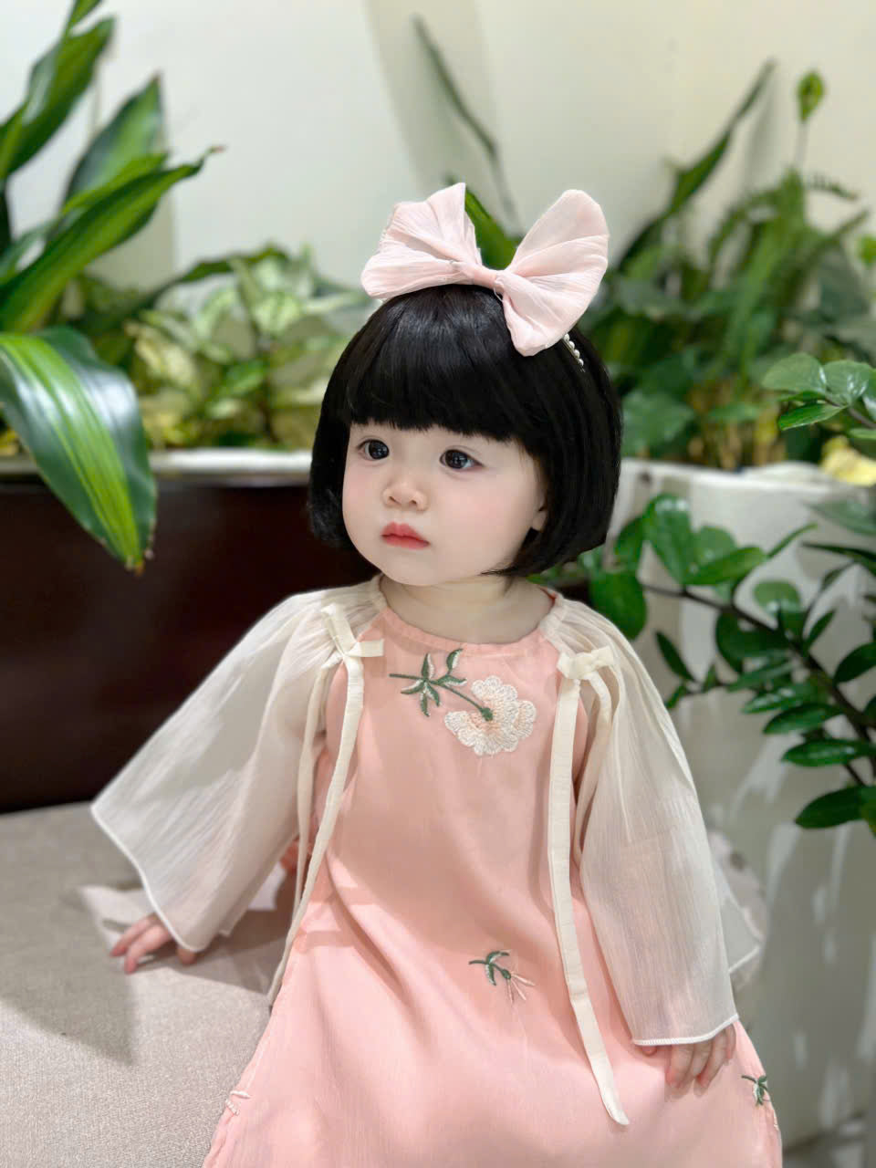 Sweet Peach Áo Dài (3Months-2Years) | Traditional Vietnamese Outfit for Girls | Floral Embroidery