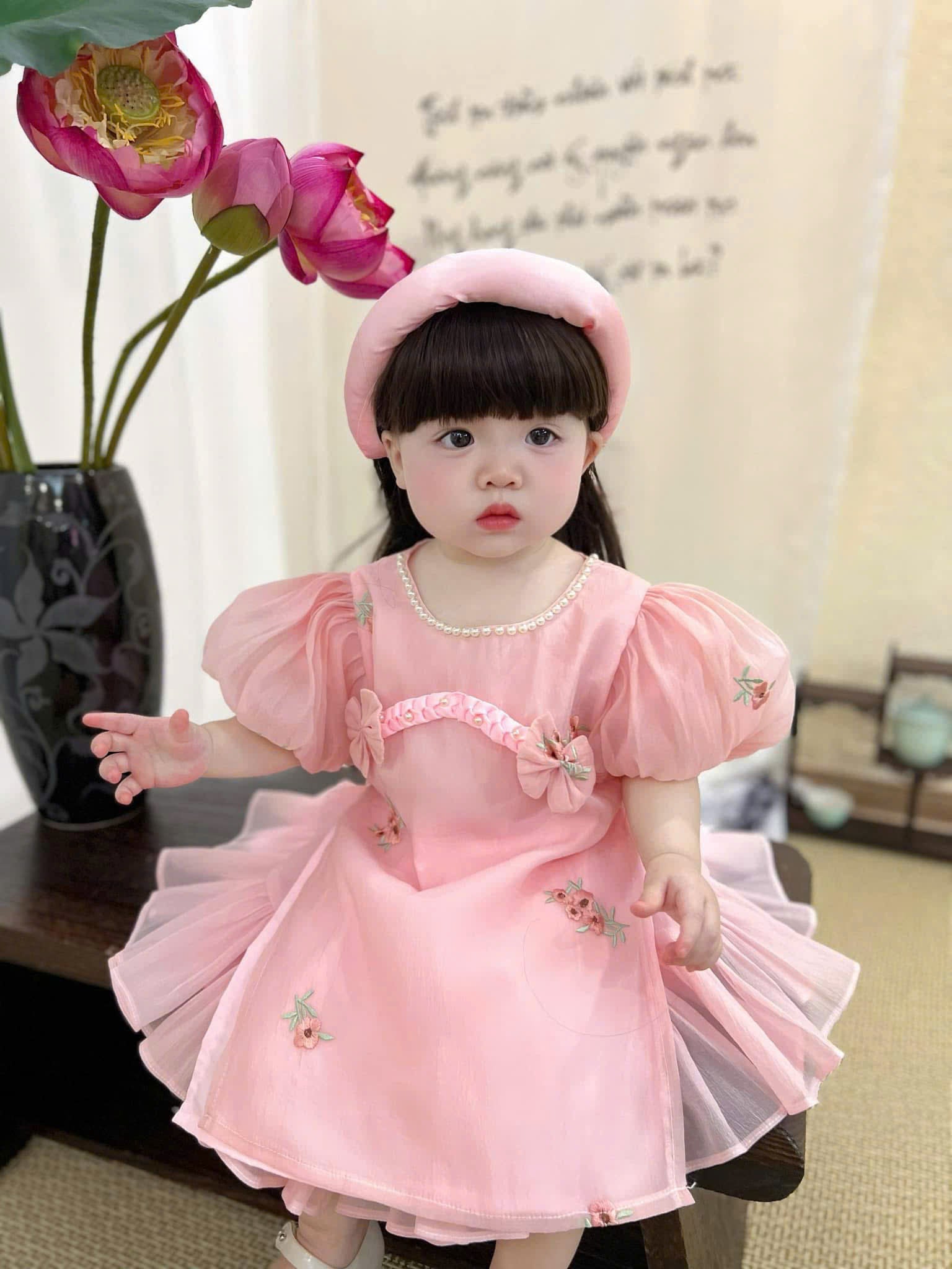 Embroidered Organza Áo Dài Dress – Pink Peony & Lucky Scarlet (Newborn-5Years) | Traditional Vietnamese Outfit for Girls | Soft Mấn Included