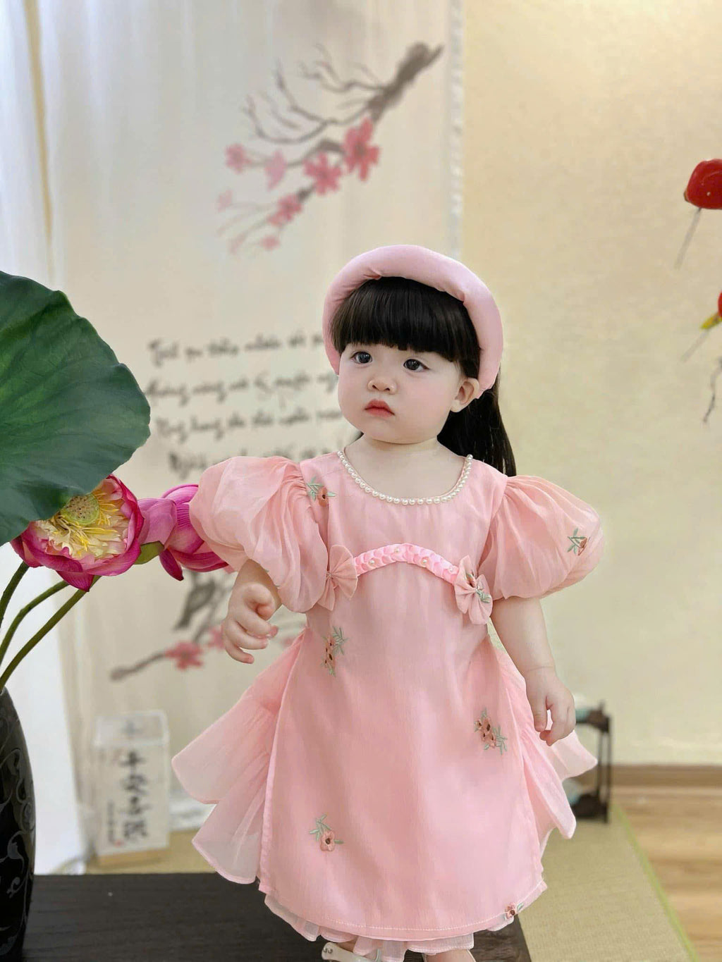 Embroidered Organza Áo Dài Dress – Pink Peony & Lucky Scarlet (Newborn-5Years) | Traditional Vietnamese Outfit for Girls | Soft Mấn Included