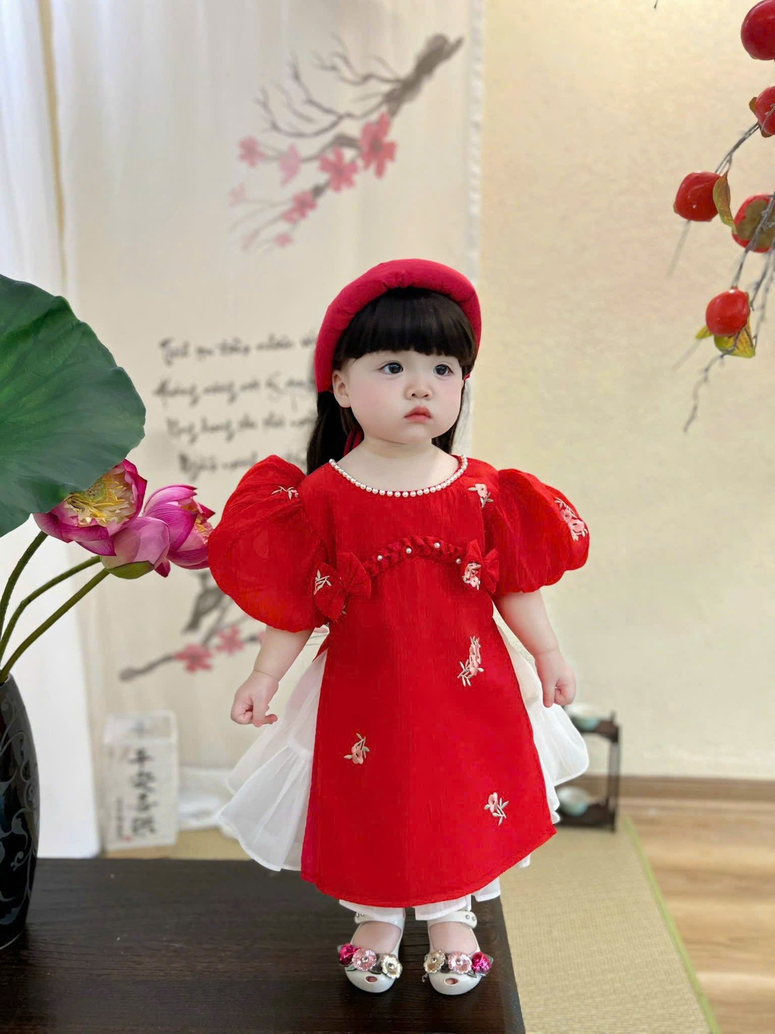 Embroidered Organza Áo Dài Dress – Pink Peony & Lucky Scarlet (Newborn-5Years) | Traditional Vietnamese Outfit for Girls | Soft Mấn Included