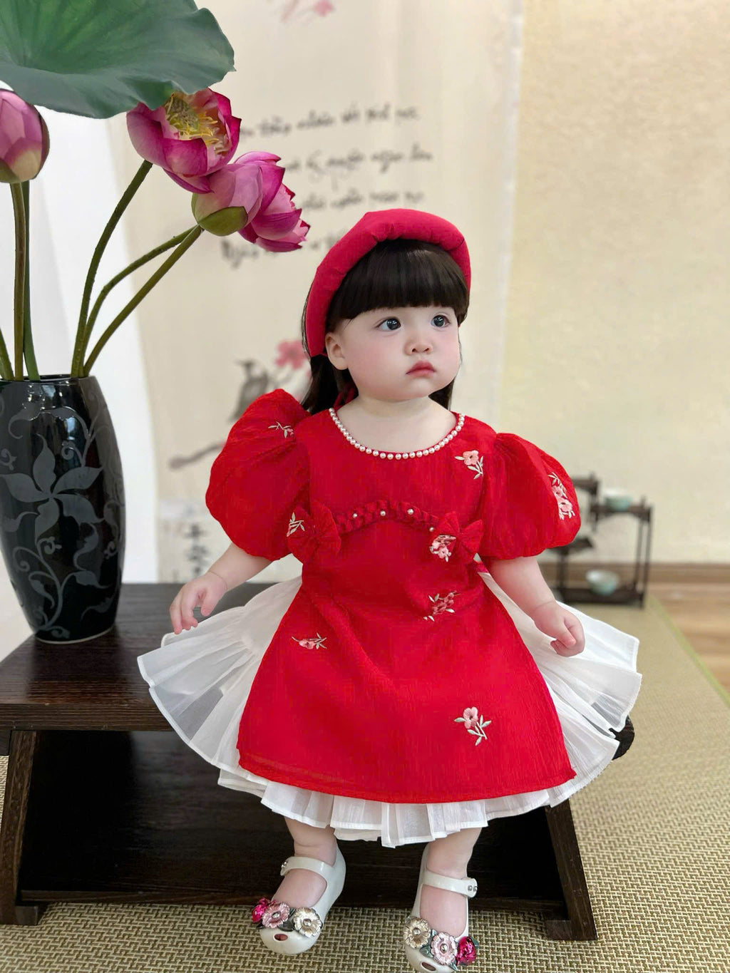 Embroidered Organza Áo Dài Dress – Pink Peony & Lucky Scarlet (Newborn-5Years) | Traditional Vietnamese Outfit for Girls | Soft Mấn Included