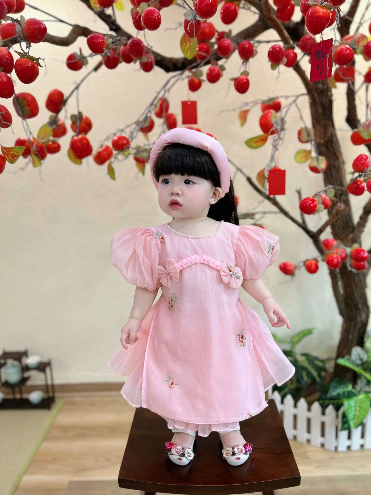 Embroidered Organza Áo Dài Dress – Pink Peony & Lucky Scarlet (Newborn-5Years) | Traditional Vietnamese Outfit for Girls | Soft Mấn Included