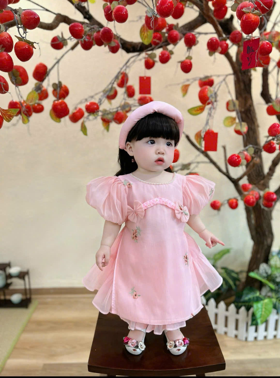 Embroidered Organza Áo Dài Dress – Pink Peony & Lucky Scarlet (Newborn-5Years) | Traditional Vietnamese Outfit for Girls | Soft Mấn Included