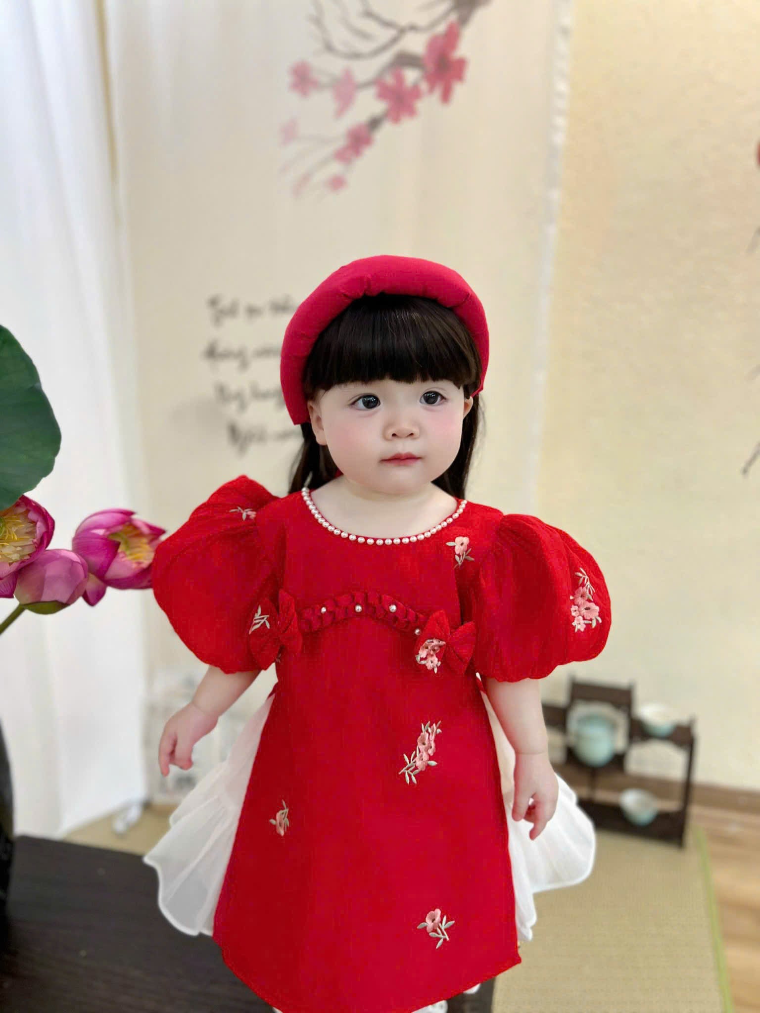 Embroidered Organza Áo Dài Dress – Pink Peony & Lucky Scarlet (Newborn-5Years) | Traditional Vietnamese Outfit for Girls | Soft Mấn Included