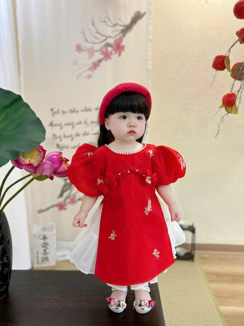 Embroidered Organza Áo Dài Dress – Pink Peony & Lucky Scarlet (Newborn-5Years) | Traditional Vietnamese Outfit for Girls | Soft Mấn Included