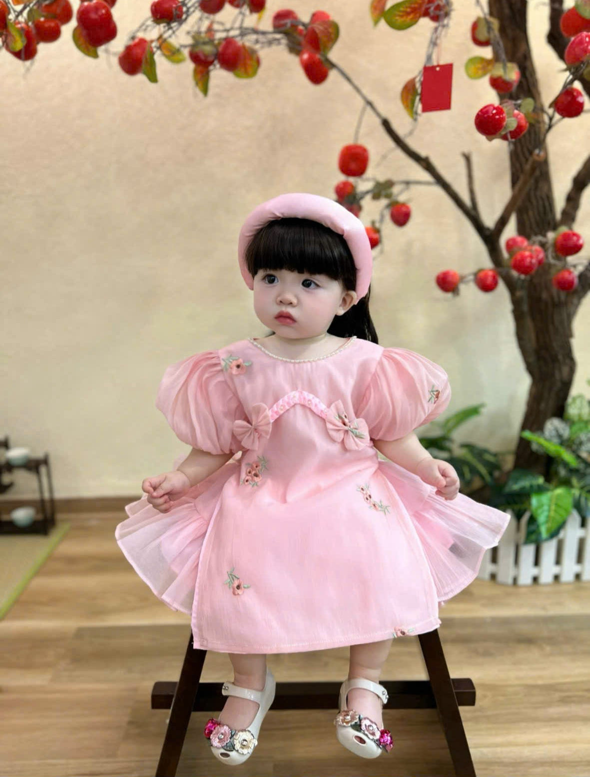 Embroidered Organza Áo Dài Dress – Pink Peony & Lucky Scarlet (Newborn-5Years) | Traditional Vietnamese Outfit for Girls | Soft Mấn Included