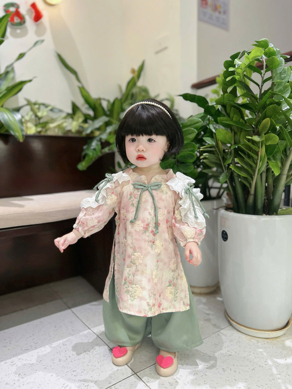Baby Blossom Áo Dài – Pastel Meadow & Spring Blossom (3Months-2Years) | Traditional Vietnamese Outfit for Girls | Matching Headband Included