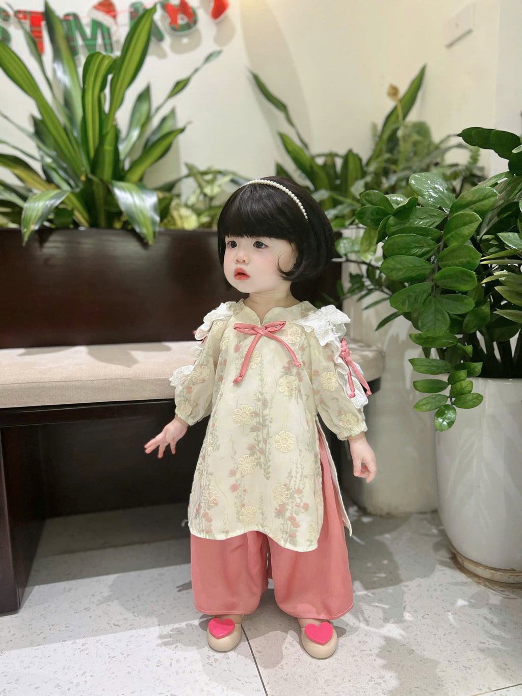 Baby Blossom Áo Dài – Pastel Meadow & Spring Blossom (3Months-2Years) | Traditional Vietnamese Outfit for Girls | Matching Headband Included