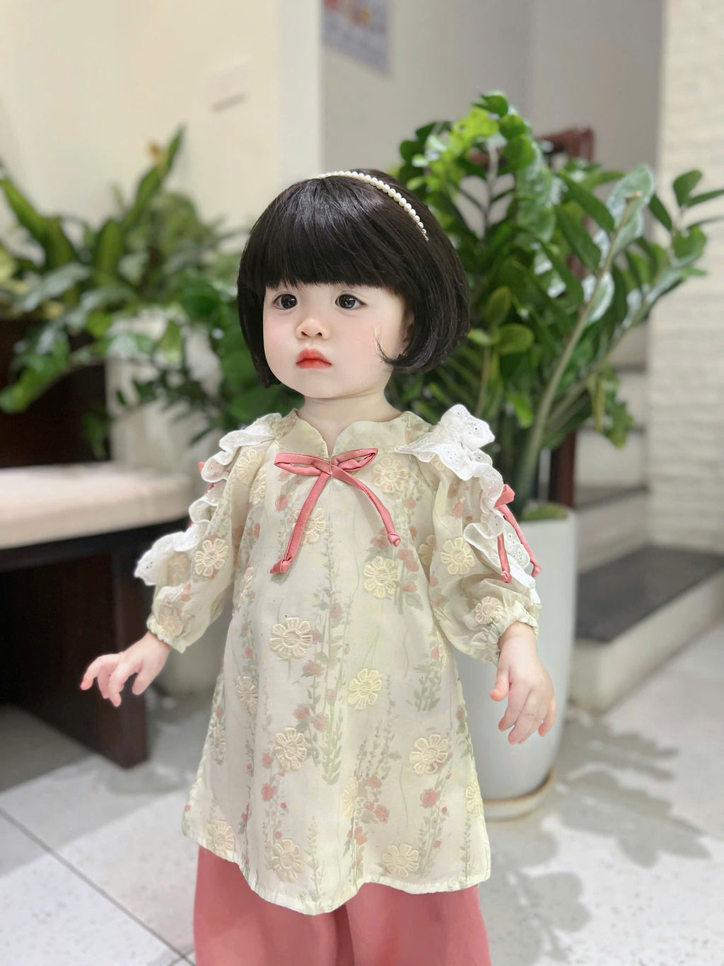 Baby Blossom Áo Dài – Pastel Meadow & Spring Blossom (3Months-2Years) | Traditional Vietnamese Outfit for Girls | Matching Headband Included