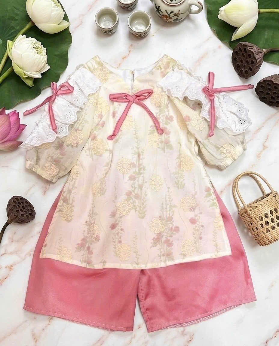 Baby Blossom Áo Dài – Pastel Meadow & Spring Blossom (3Months-2Years) | Traditional Vietnamese Outfit for Girls | Matching Headband Included