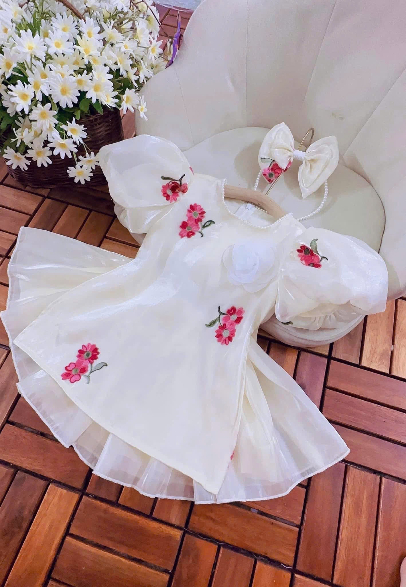 Embroidered Organza Áo Dài Dress – Floral Whimsy (6Months-2Years) | Traditional Vietnamese Outfit for Baby Girls | Matching Headband Included